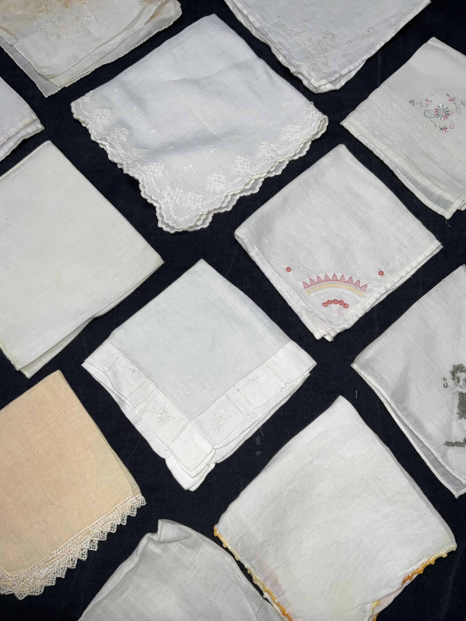 Lot 11 Embroidered VNTG Handkerchief: Lot 11 Embroidered VNTG Handkerchief. Significant stains & some tears to pieces (see photos). Largest measures approx 12 x 11.5 inches. Fabric wears, handkerchiefs, embroidered fabrics, embroidered, u