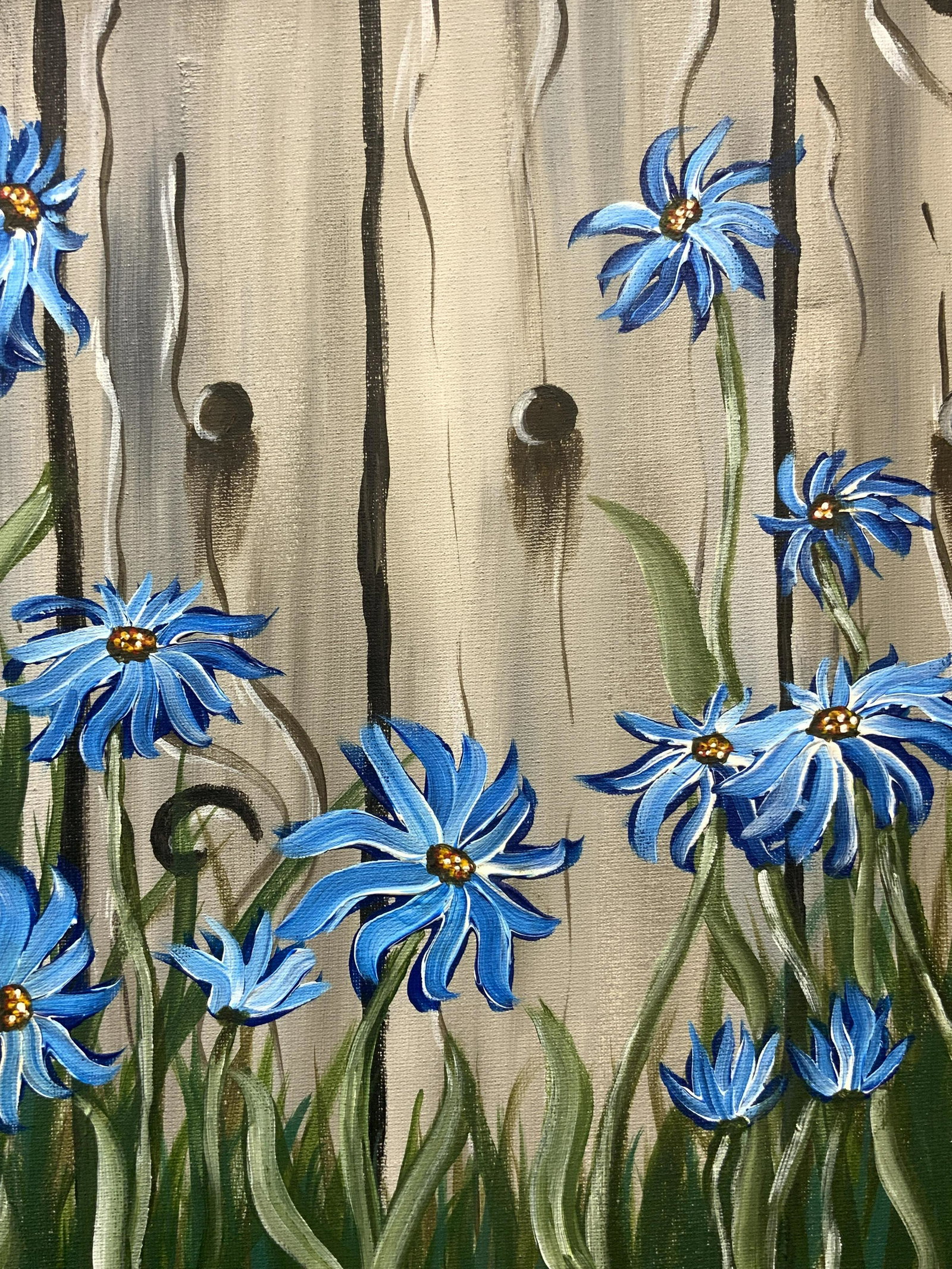 Signed Blue Daisies Oil Painting: Signed Blue Daisies Oil Painting On canvas, signed PJK in lower right, subject shows blue daisies against a wood fence, no frame, minor surface wear, measures approx 14 x 11 in. Signed blue daisies oi