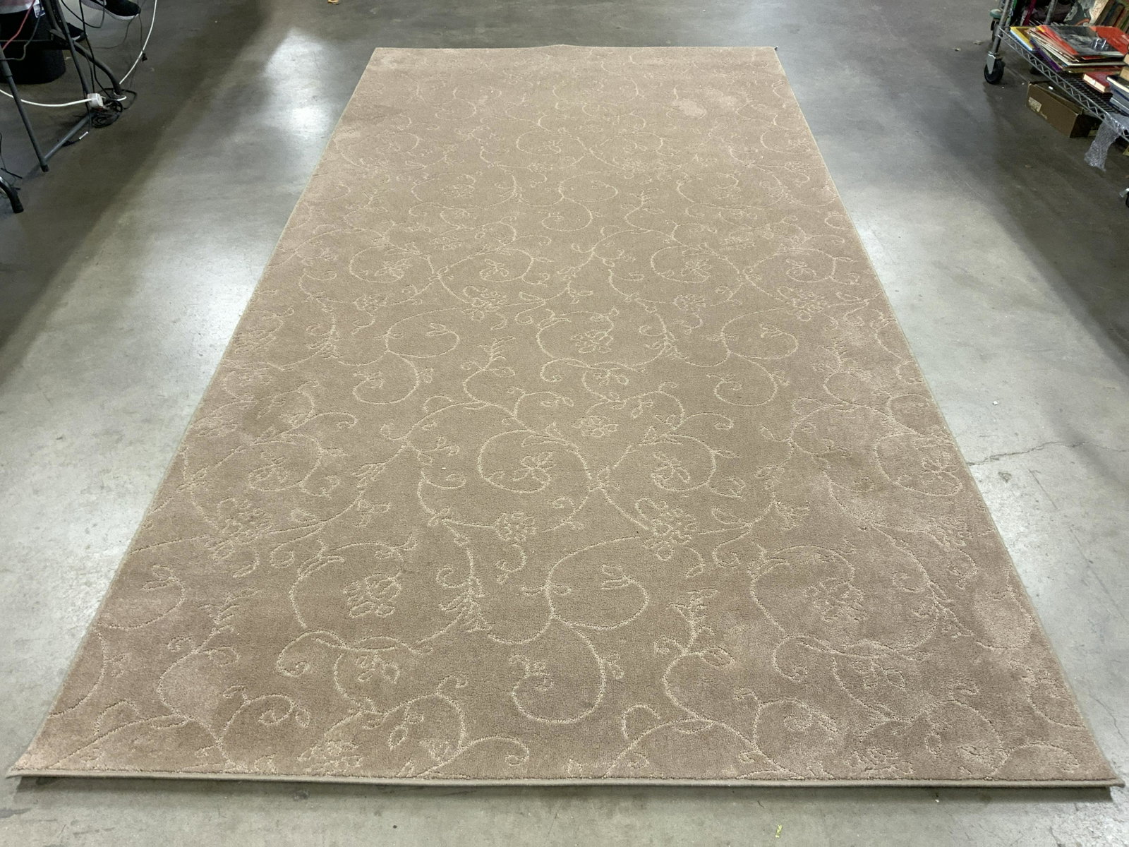 Wool Area Rug In Beige: Piece has vine and leaf relief detail. Rug is beige toned and appears to be wool. Rug measures approx 144 inches long 72 inches wide. Rug, area rug, wool rug, carpet, homewares, home decor, floor deco