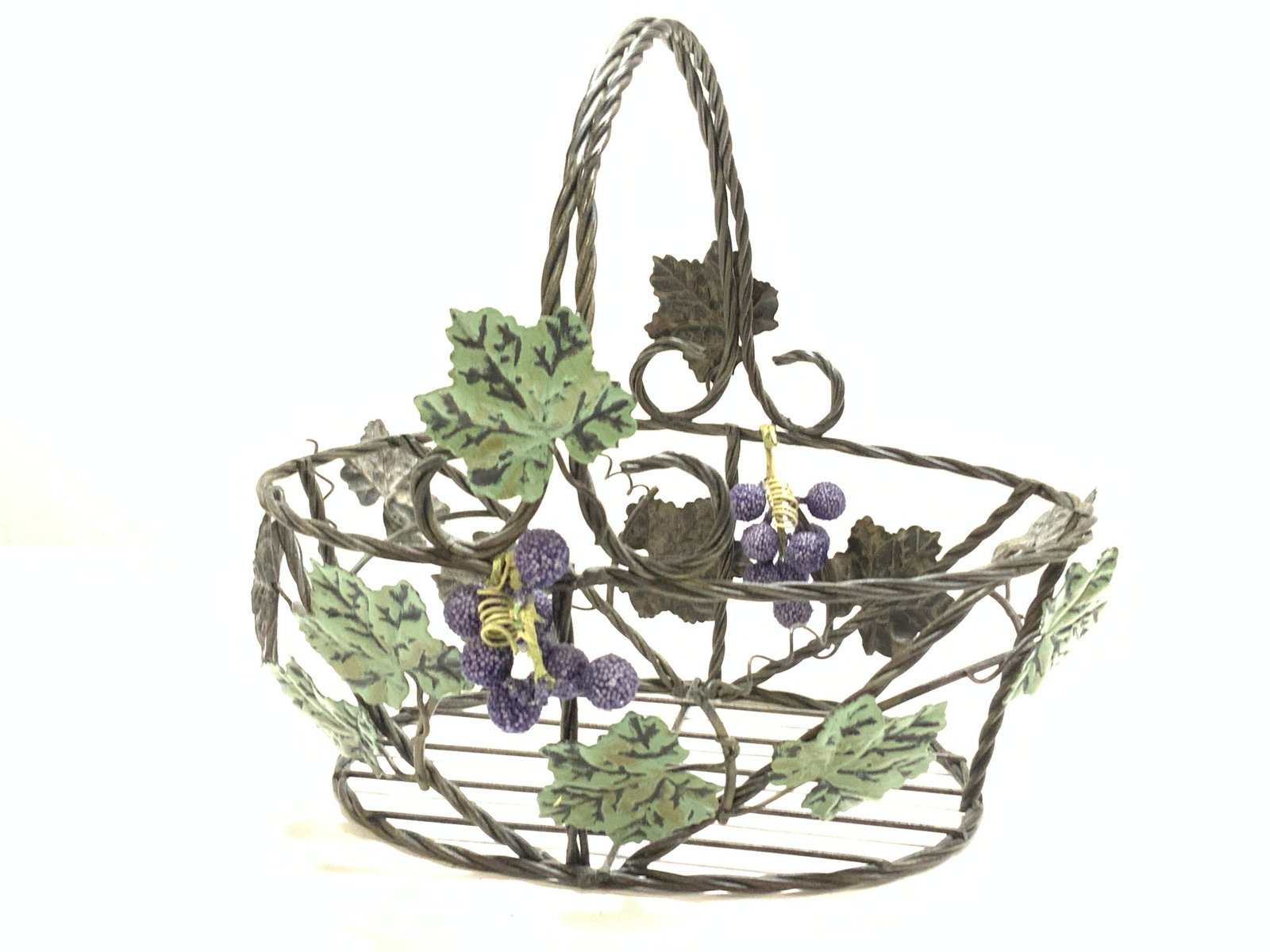 Toleware Grape Vine Wire Basket: Metal wire basket with enameled grape leaves and grape bunches. Measures 10.5 x 9 x 9.5 in. ( L x W x Ht) Decorative arts, Tabletop Basket, Knitting basket, Metal Wire basket, Small storage, Grape Vin