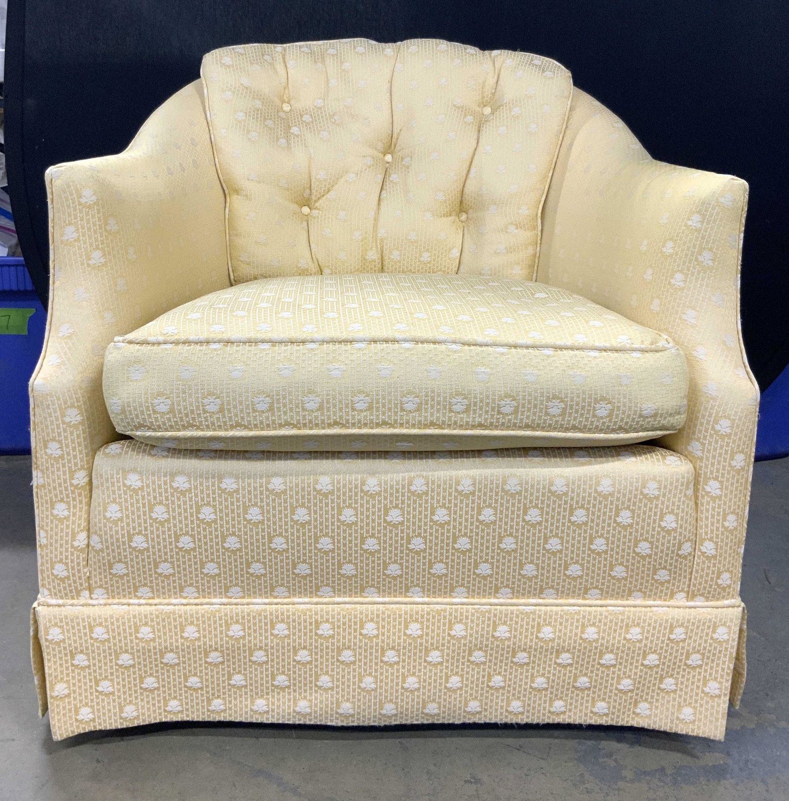 KINDEL Furniture Skirted Barrel Back Armchair: Armchair is vintage. Piece is yellow gold toned with patterned upholstery Piece measures approx 29 inches tall 28 inches wide 32 inches deep. Chair, armchair, KINDEL armchair, KINDEL furniture, homewa