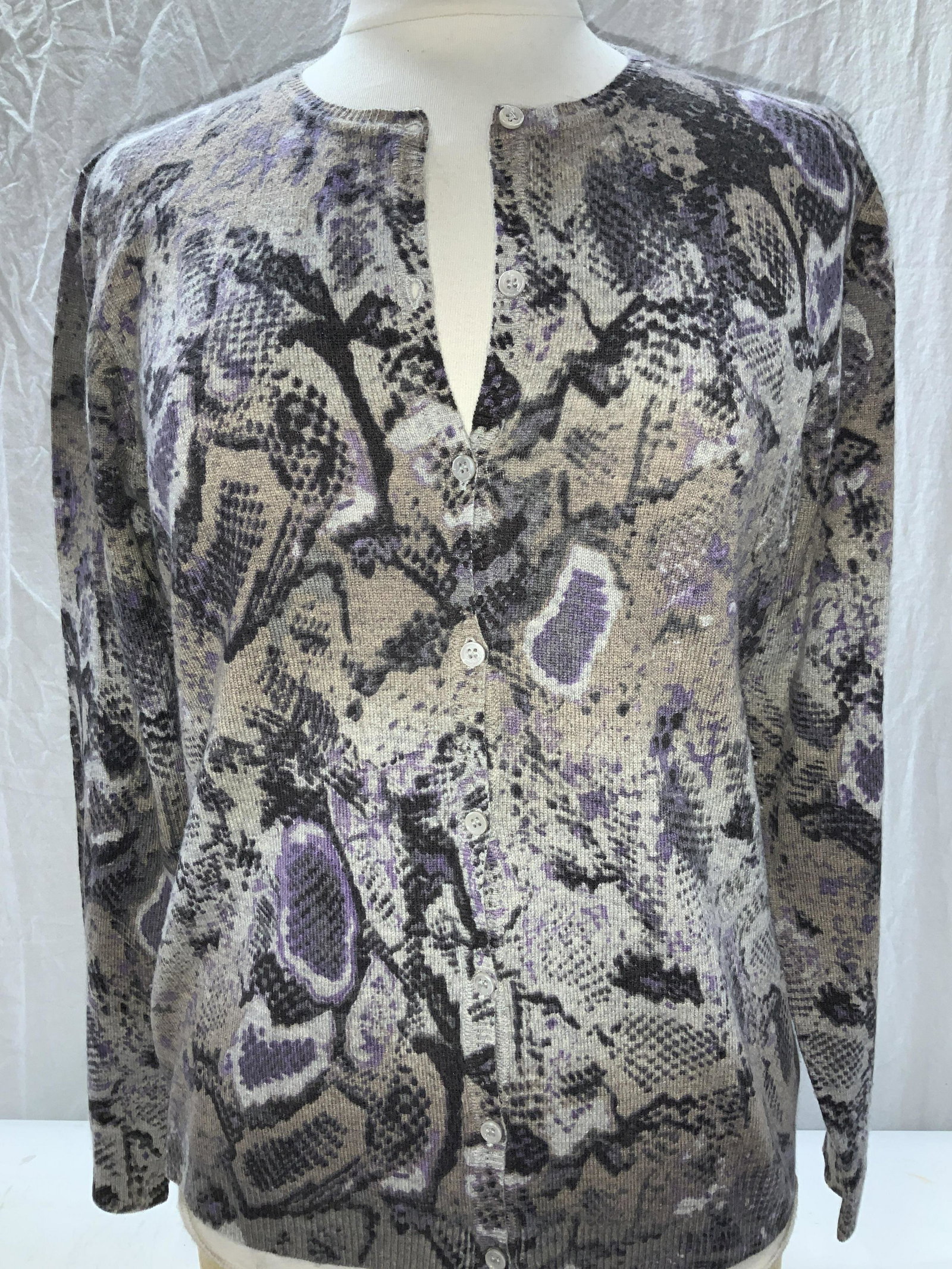 Courage b Cashmere Button Down Cardigan: Abstract snake print cashmere cardigan , size XL, taupe, black, eggplant and white color palette . Button down. Light wear Cardigan, cashmere Courage b Cardigan, Plus Size Clothing, Casual wear, knit