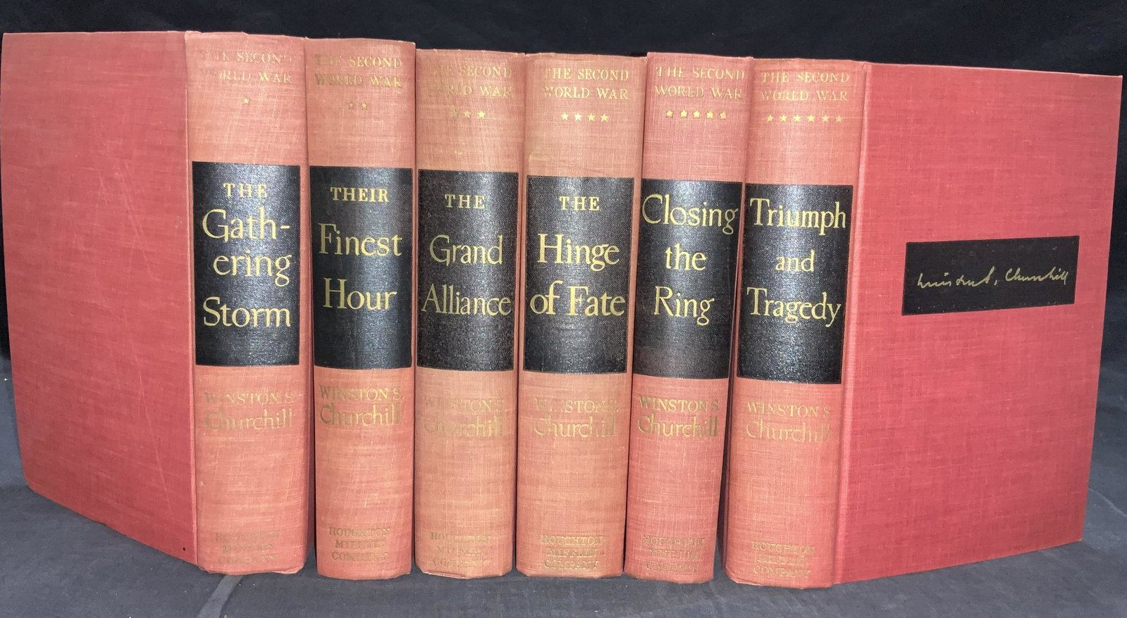 Winston Churchills The Second World War Vol 1-6: Hardcover Volumes 1 to 6 of The Second World War, by Winston S. Churchill. All published by Houghton Mifflin Company Vol. 1, The Gathering Storm , copyright 1948 Vol. 2, Their Finest Hour, copyright 1