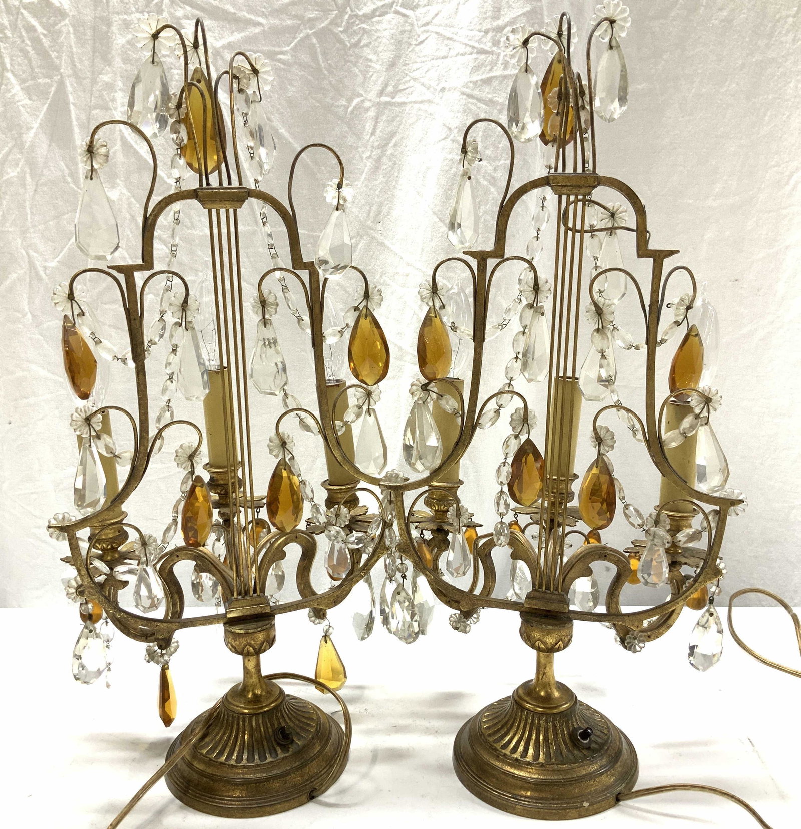 Pair Girandole  3 Arm Dangling Prism Lamps (1 of 10)