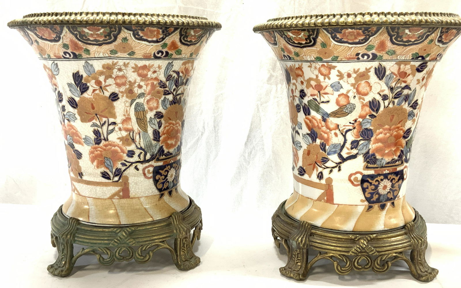 Pair Porcelain Imari Style Vessels on Brass, Sgn (1 of 7)
