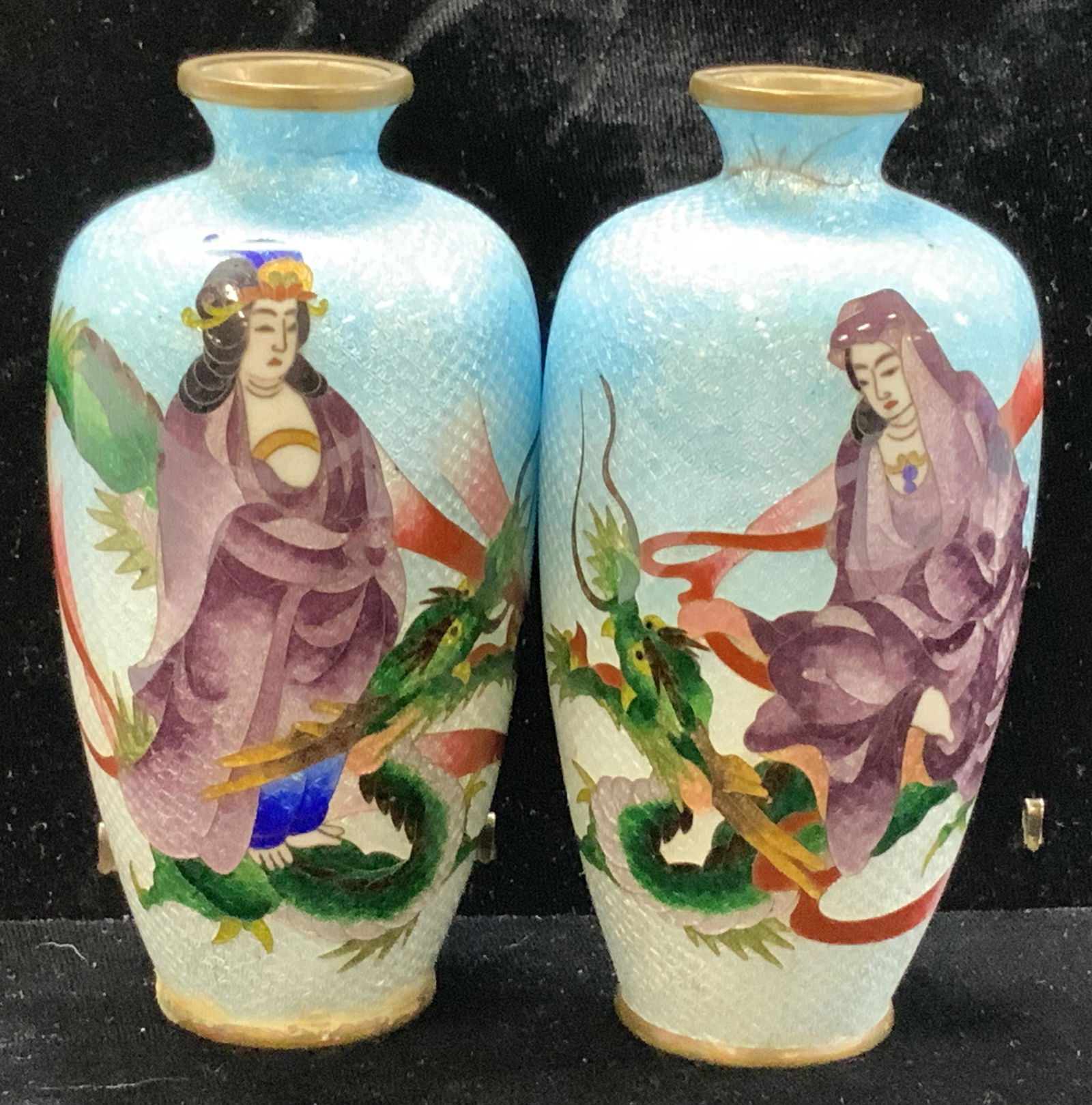 Pair Guilloche Asian Dragon Bud Vases, signed (1 of 9)