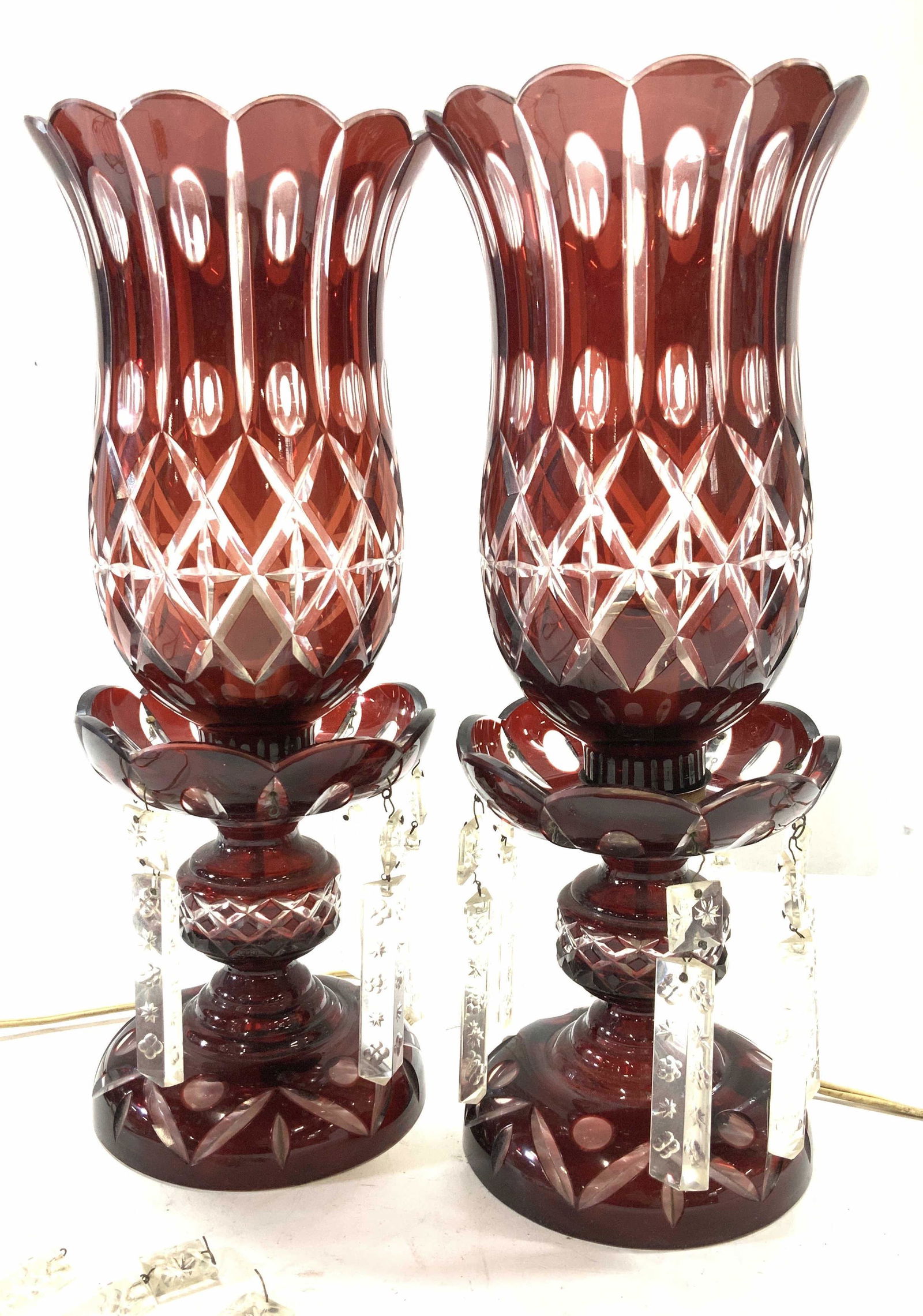 Pair Ruby Red Boehm Cut Crystal Lustre Lamps (1 of 10)
