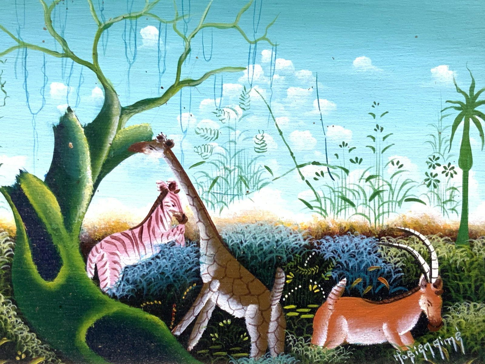 Signed Caribbean Artist Nature Painting: Signed in lower right corner illegible Marked on backside Caribbean Art Subject depicts a vibrant landscape with tones of Greens and blues in the plant life with animals such as a giraffe, zebra and a