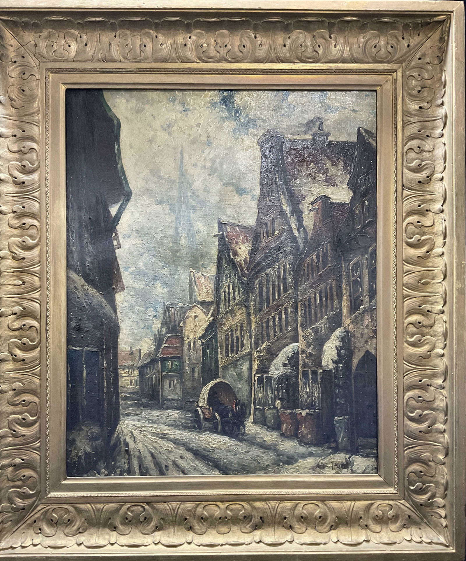 Framed Oil Painting of Winter Town Scene, Signed (1 of 9)