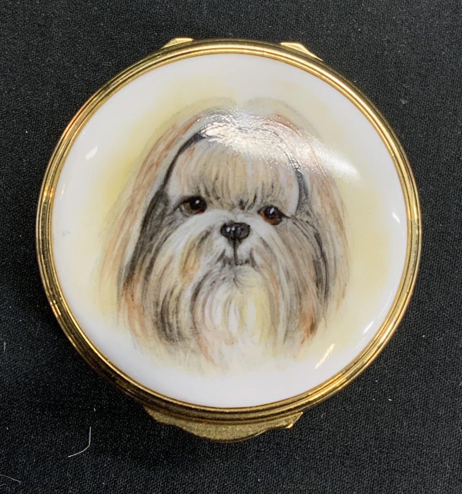 ROYALE STRATFORD Dog Enamel Pill Box England: Royale Stratford hand painted enameled dog pill box. Trademarked to underside. Some surface wear consistent with exposure. Measures approx. 1.75 inches diameter. Made in England. Royale Stratford, roy