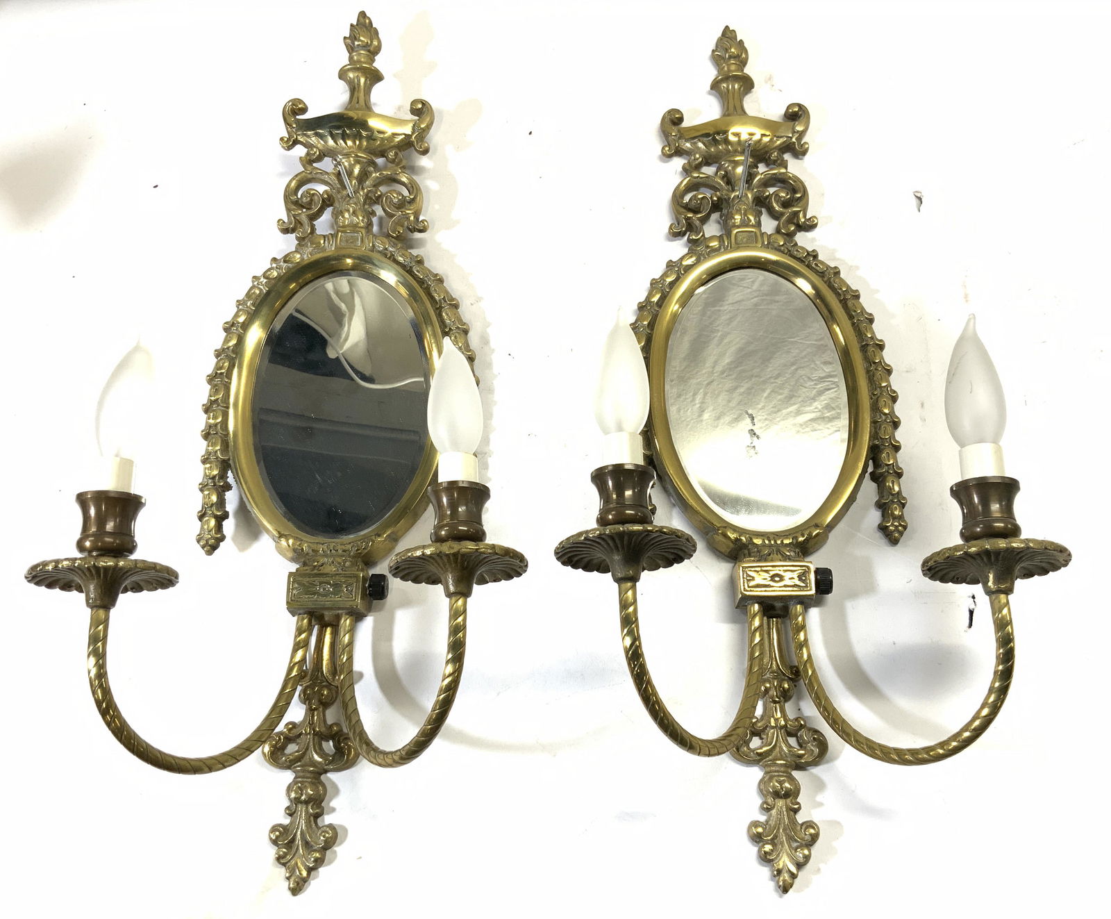 Pair Louis XVI 2 Arm Mirrored Brass Wall Sconces (1 of 10)