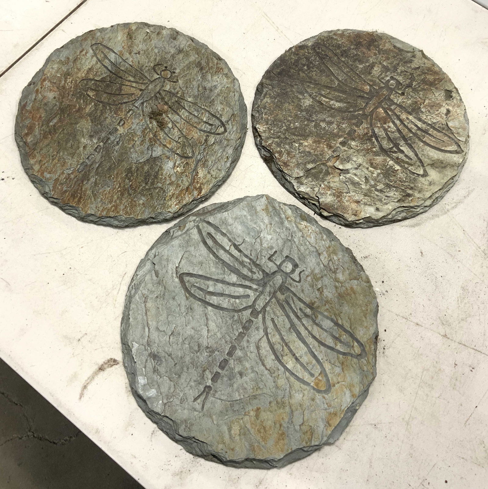 Set 3 Detailed Stepping Stones W Dragonfly Detail: Lot includes 3 stepping stones. Each piece appear to be stone. Stones each have Dragonfly relief detail. Each measures approx 11.5 inches wide. Stones, stepping stones, dragonfly stepping stones, deco