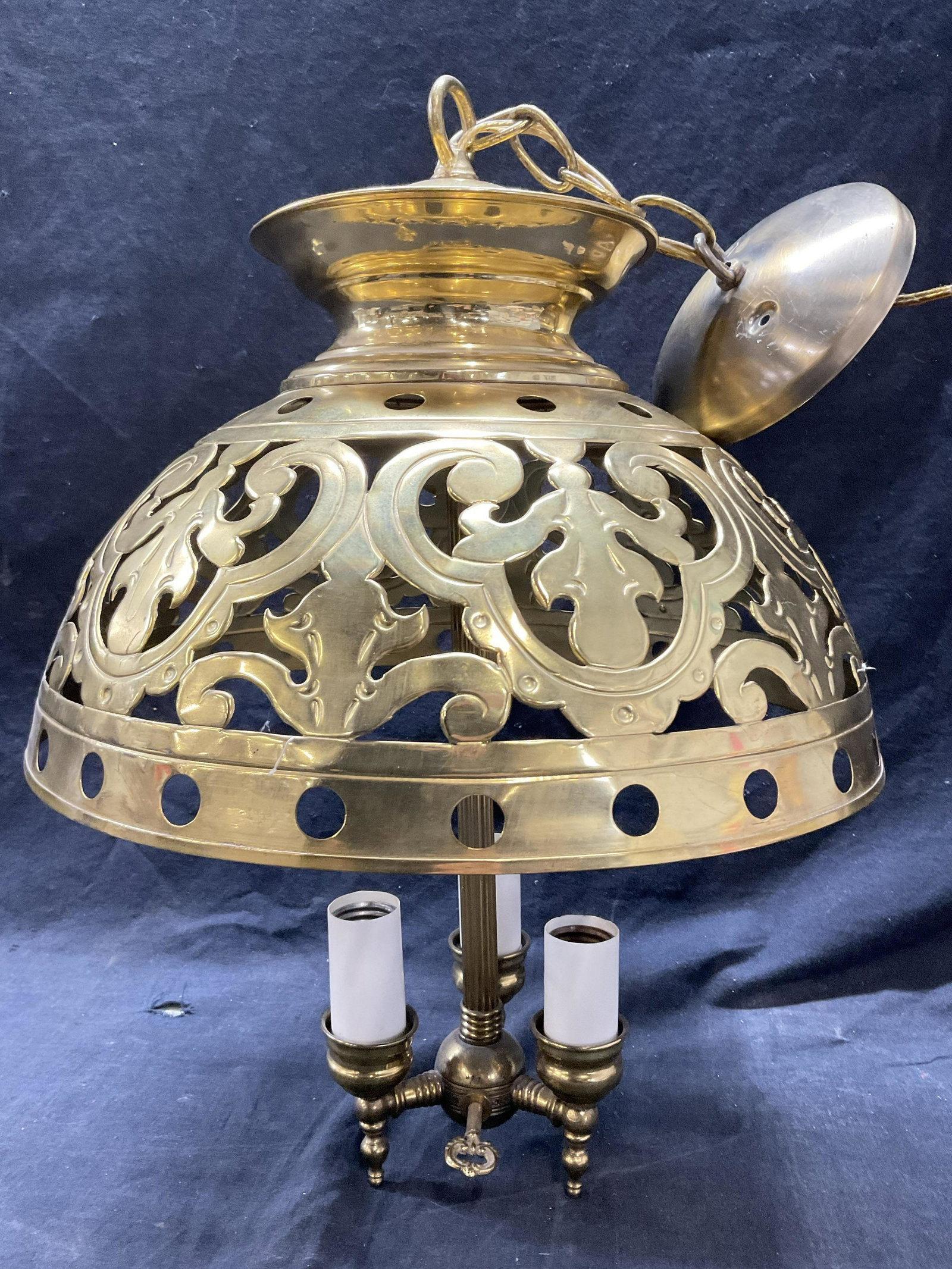 Brass Mid Century Style Three Bulb Chandelier: Brass Mid Century Style Three Bulb Chandelier. NOT tested for functionality. No bulbs. Measures approx 24 x 13 inches. Minimal wear to piece, minor scuffs to surface of piece. Chandelier, brass light 