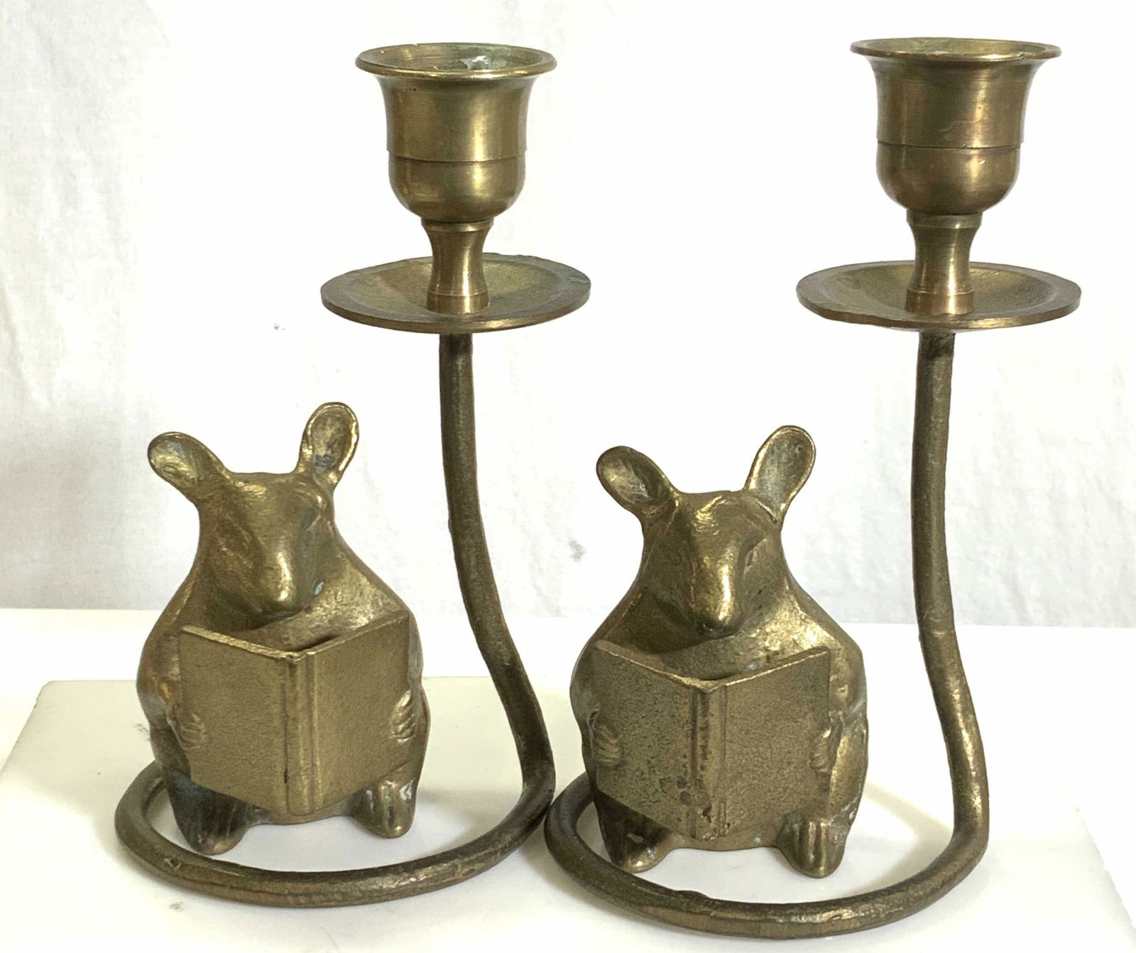 Pair Brass Mouse Reading Book Candle Holders (1 of 6)