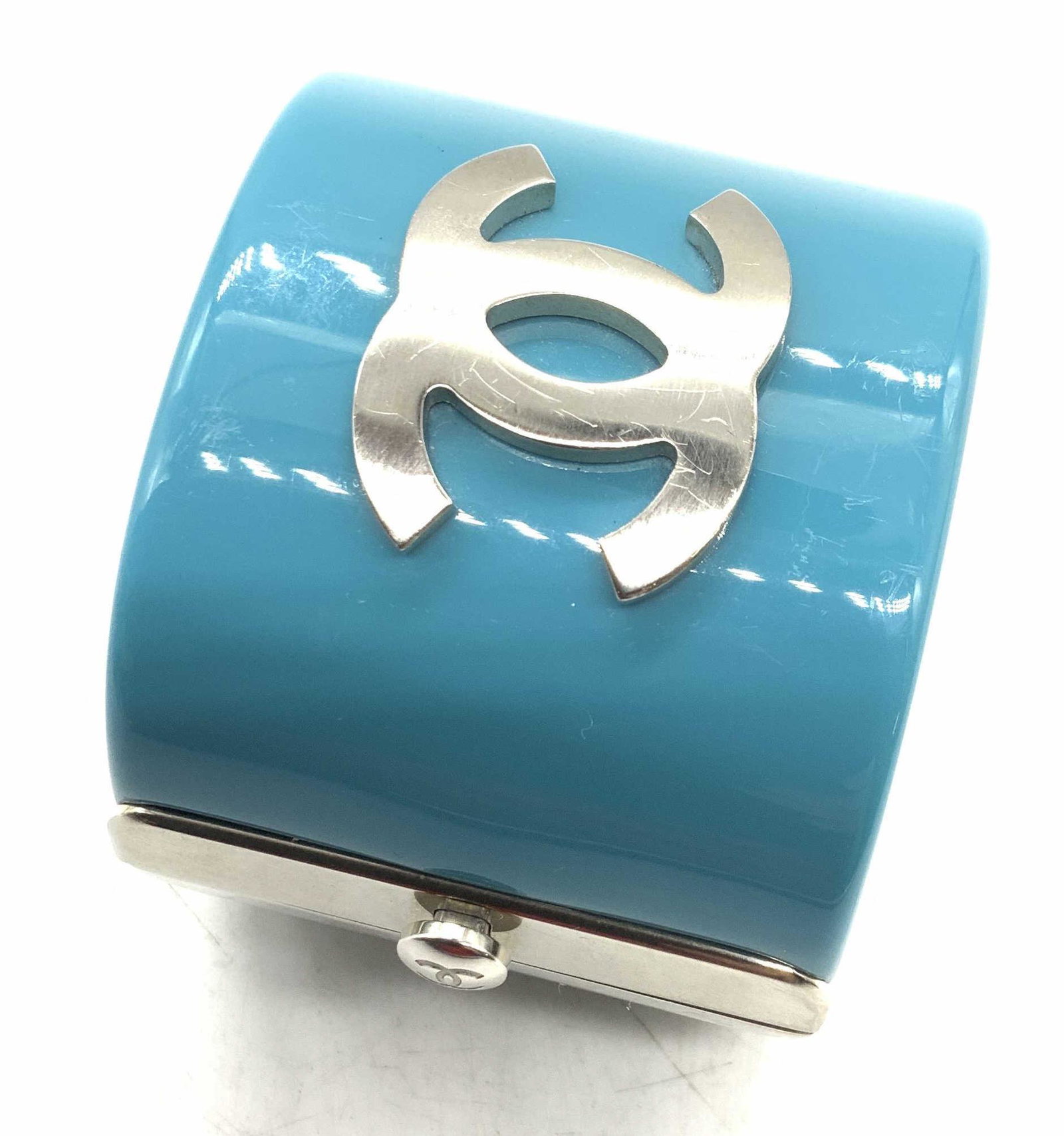 CHANEL Turquoise/Black CC Hinged Cuff Bracelet (1 of 9)