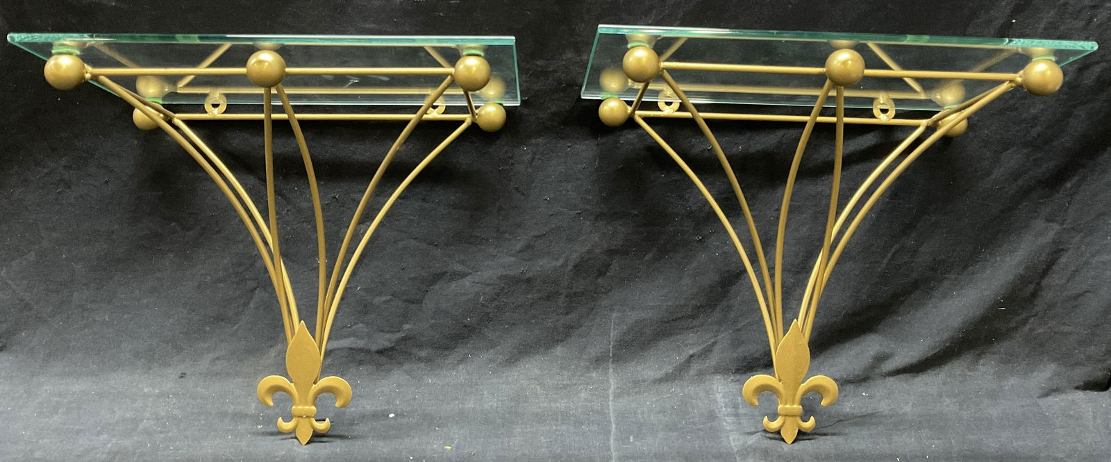 Pair Fleur De Lis Metal Wall Shelves W Glass (1 of 8)