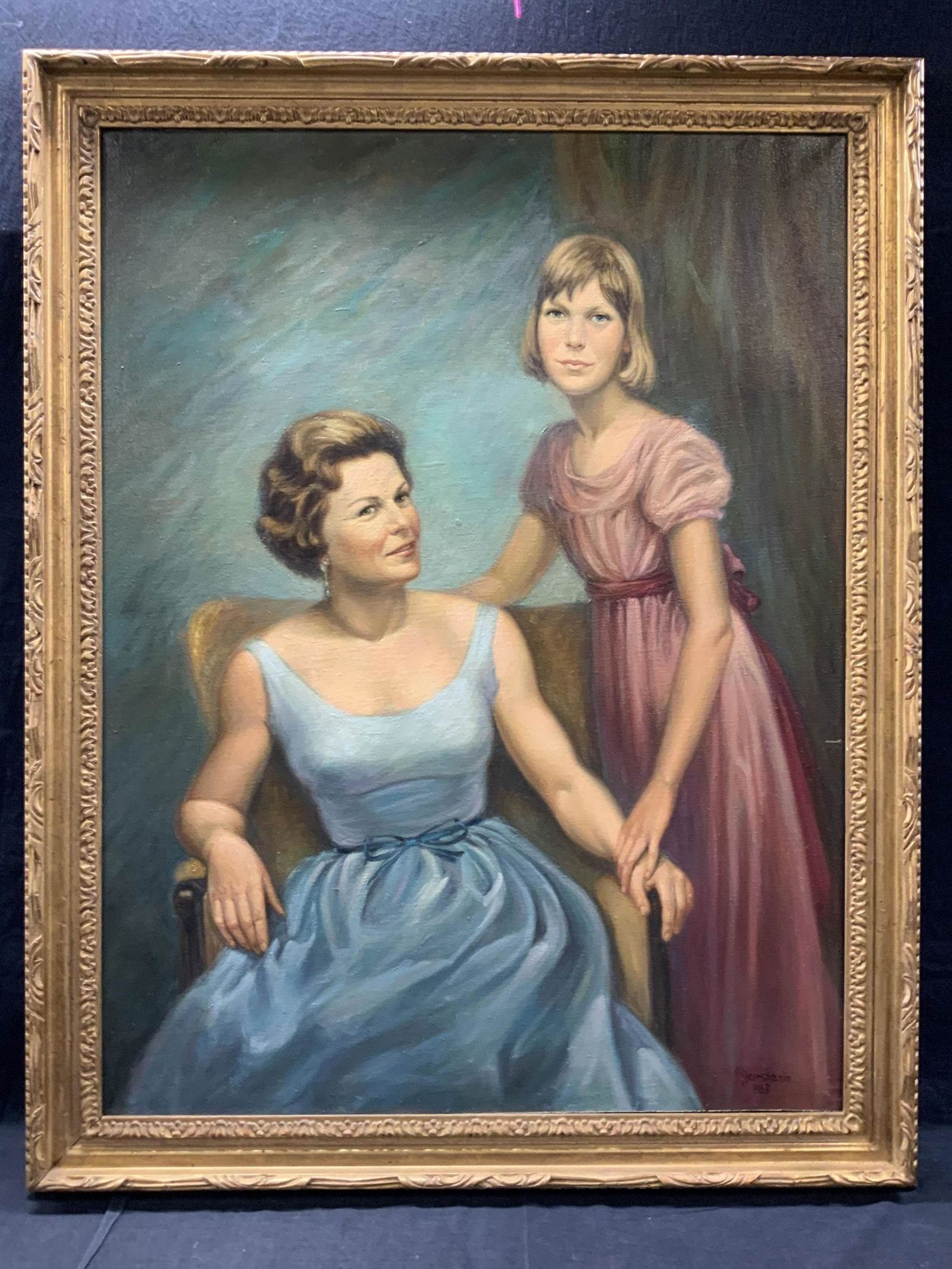 Garshanin Signed XL Mother Daughter Portrait: Signed in lower right corner Garshanin 1967 Subject depicts a mother and daughter portrait. The mother sitting in a chair in a blue dress with her head tilted towards her daughter of whom is standing