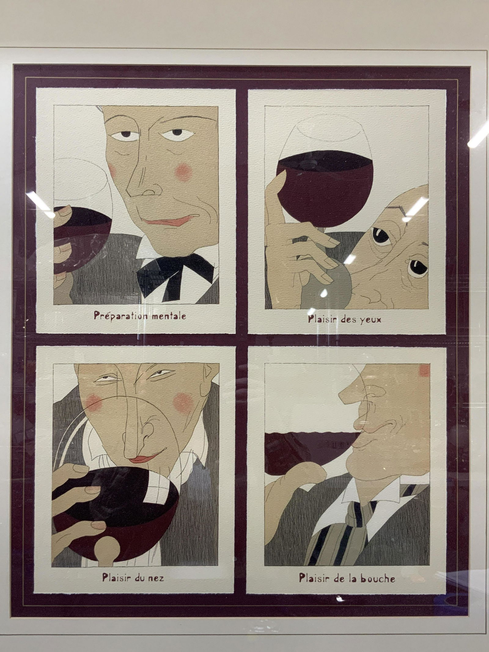 CHARLES MARTIN Monsignor Wine Illustration Lithos: 4 panels in a cutout red grid. Illustration Lithographs by Charles Martin.Framed grid panels of lithographs depicting a man viewing, smelling and sampling red wine with French text Under the panels re