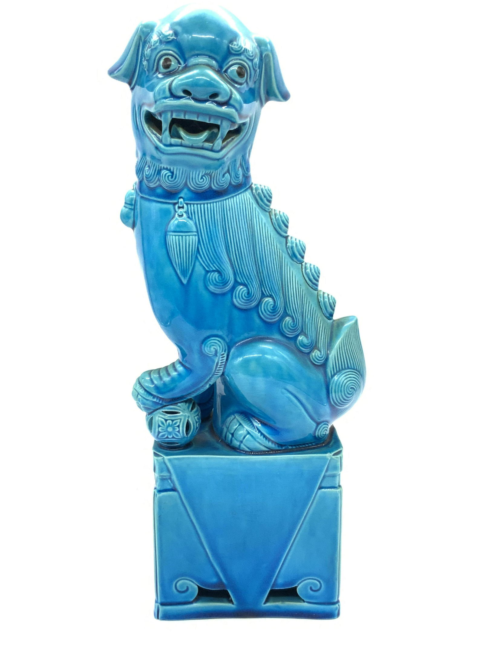 Blue Glazed Ceramic Asian Foo Dog Sculpture 14inH (1 of 9)