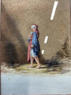 FRMD ATTR Richard Westall Watercolor of Woman: ATTRIBUTED framed Richard Westall of Woman in blue & pink robes. French matting to piece in a dark toned wooden frame. Window within matting measures approx 7 x 10 inches, whole measures 12 x 15 inche