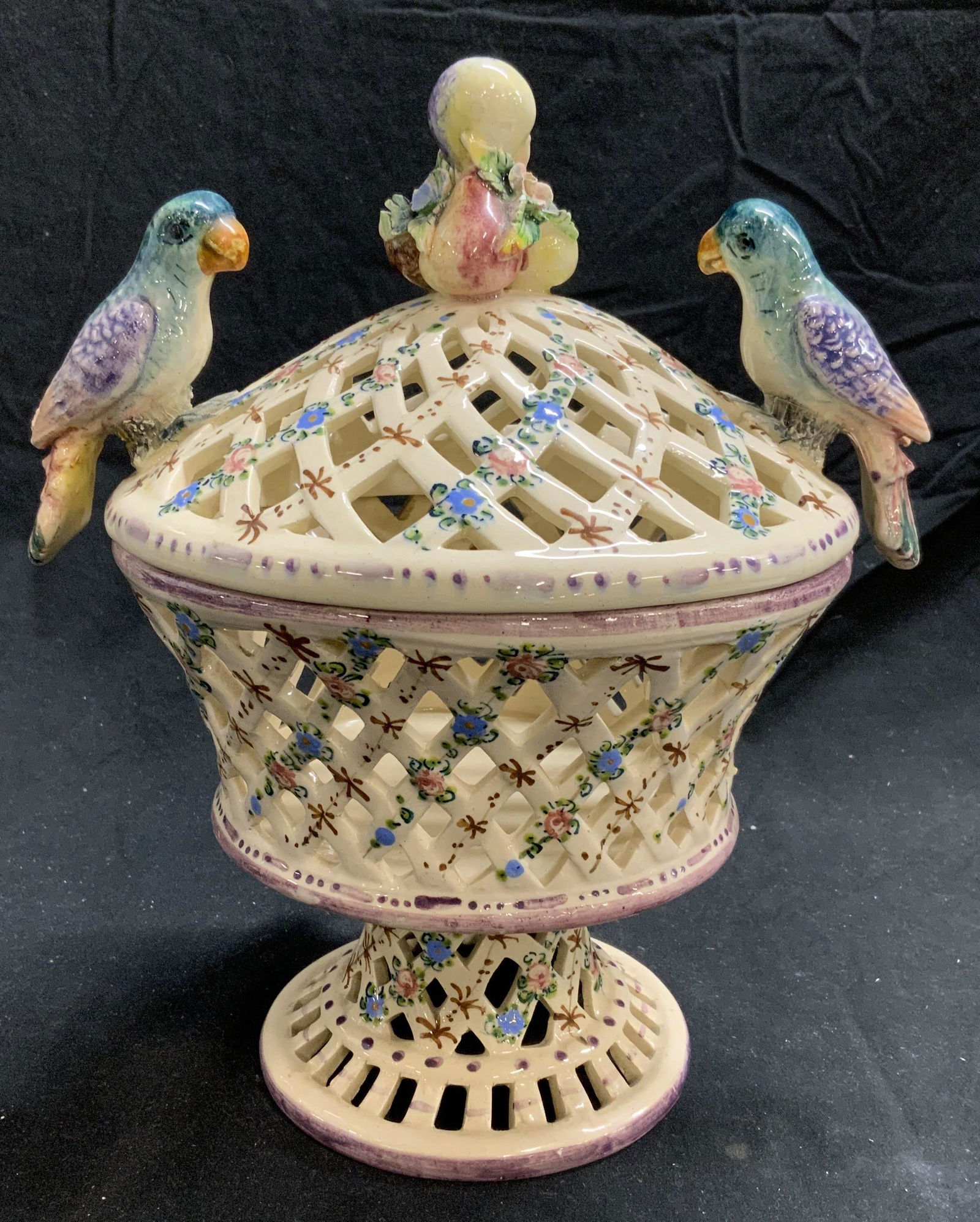 Italian Ceramic Pierced Bird Basket w Lid (1 of 7)