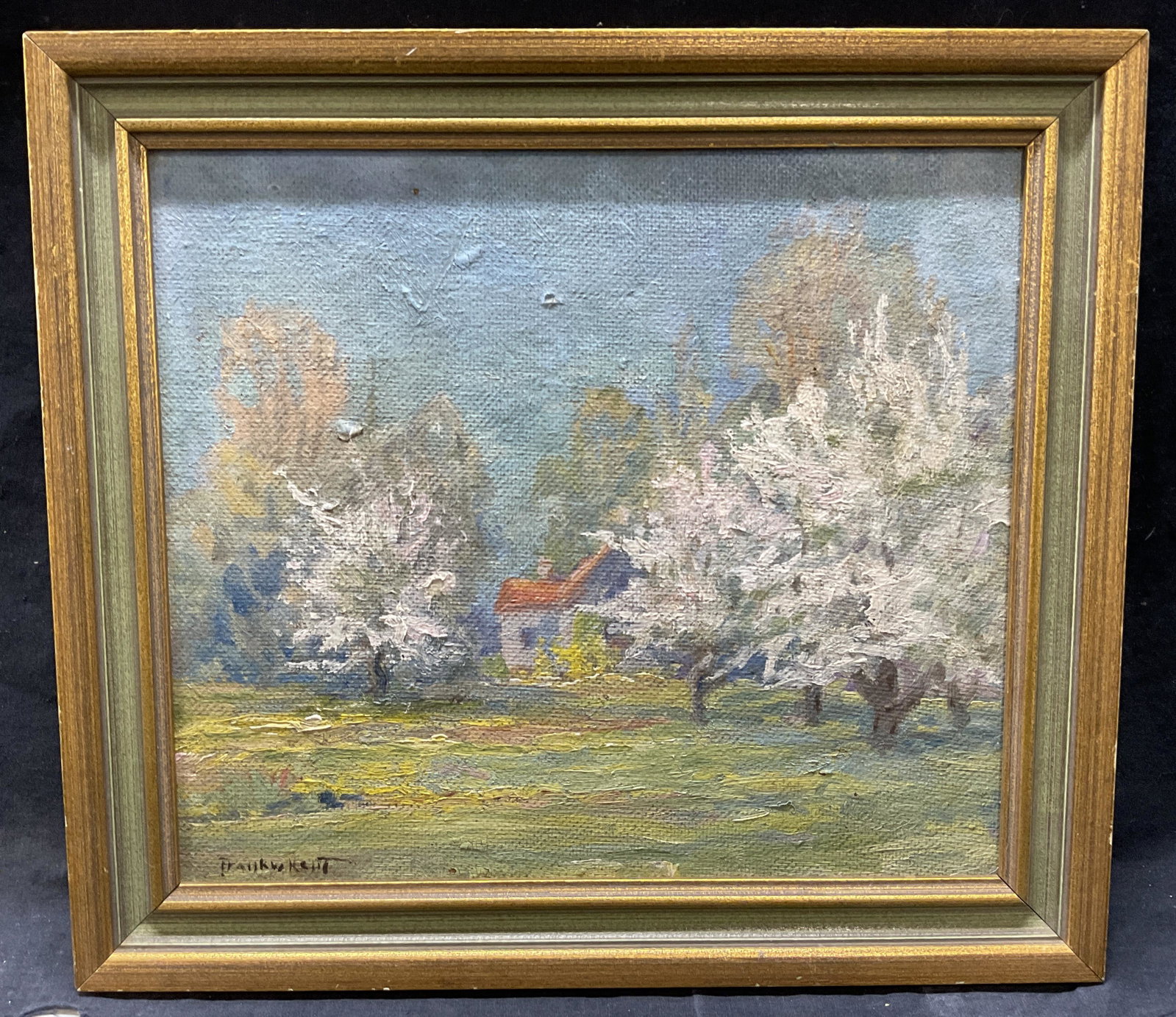 SGND Frank W Kent, Landscape Oil Painting: SGND Frank W Kent Landscape Oil Painting. Window within frame measure approx 12.5x 10.75, whole measures approx 15.5 x 14 inches. Signed to lower left corner Frank W. Kent. Framed in a green and gold 