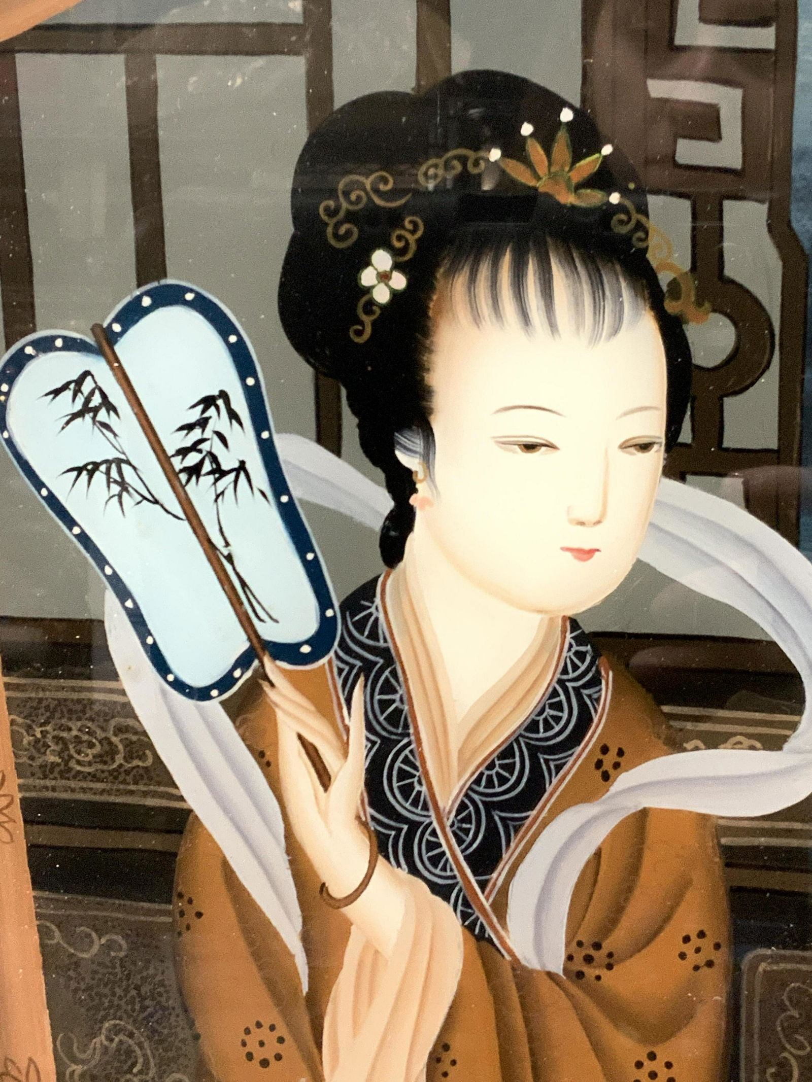 Signed Asian Figural Reverse Glass Painting (1 of 10)