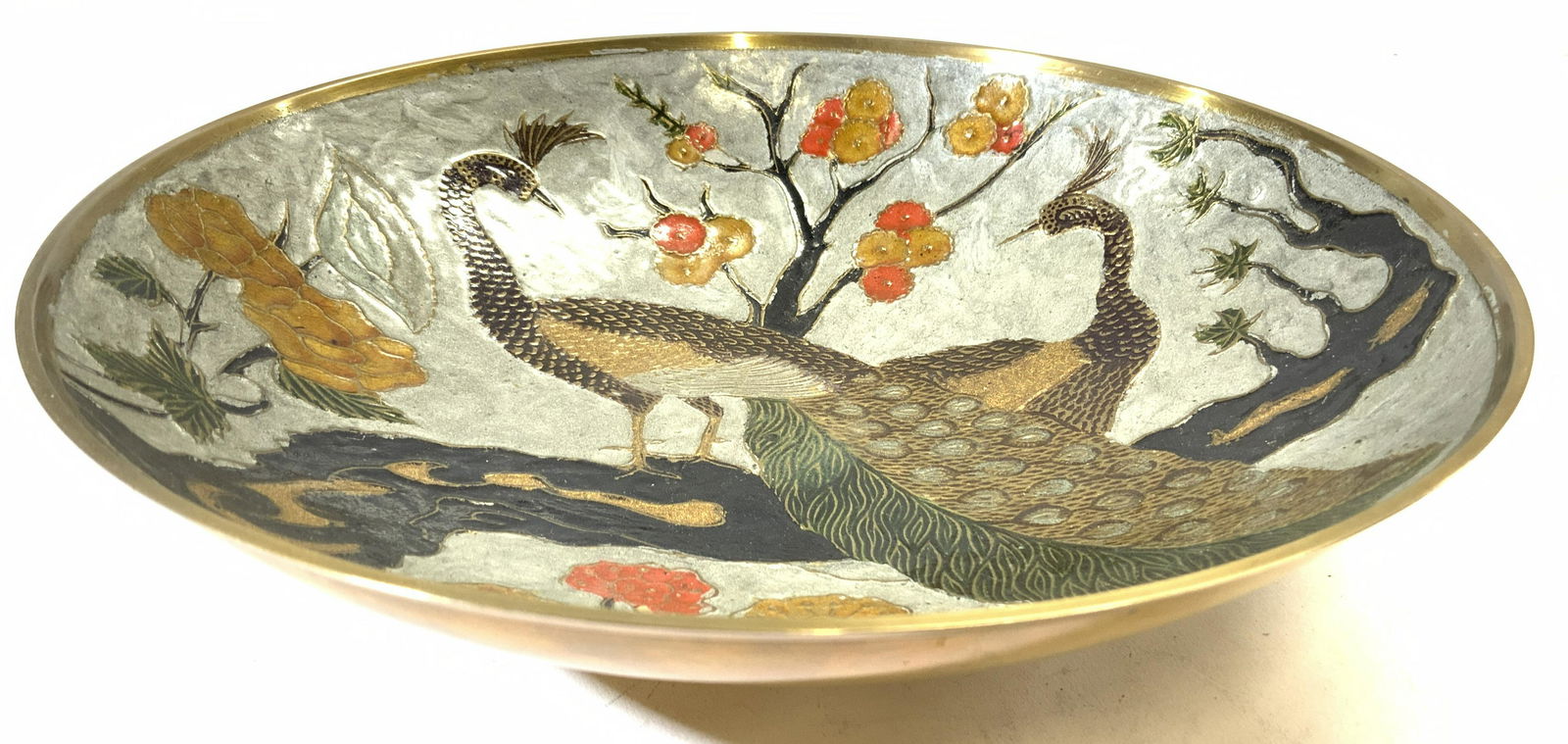 Asian Painted Brass Bowl W Peacock Detail (1 of 8)