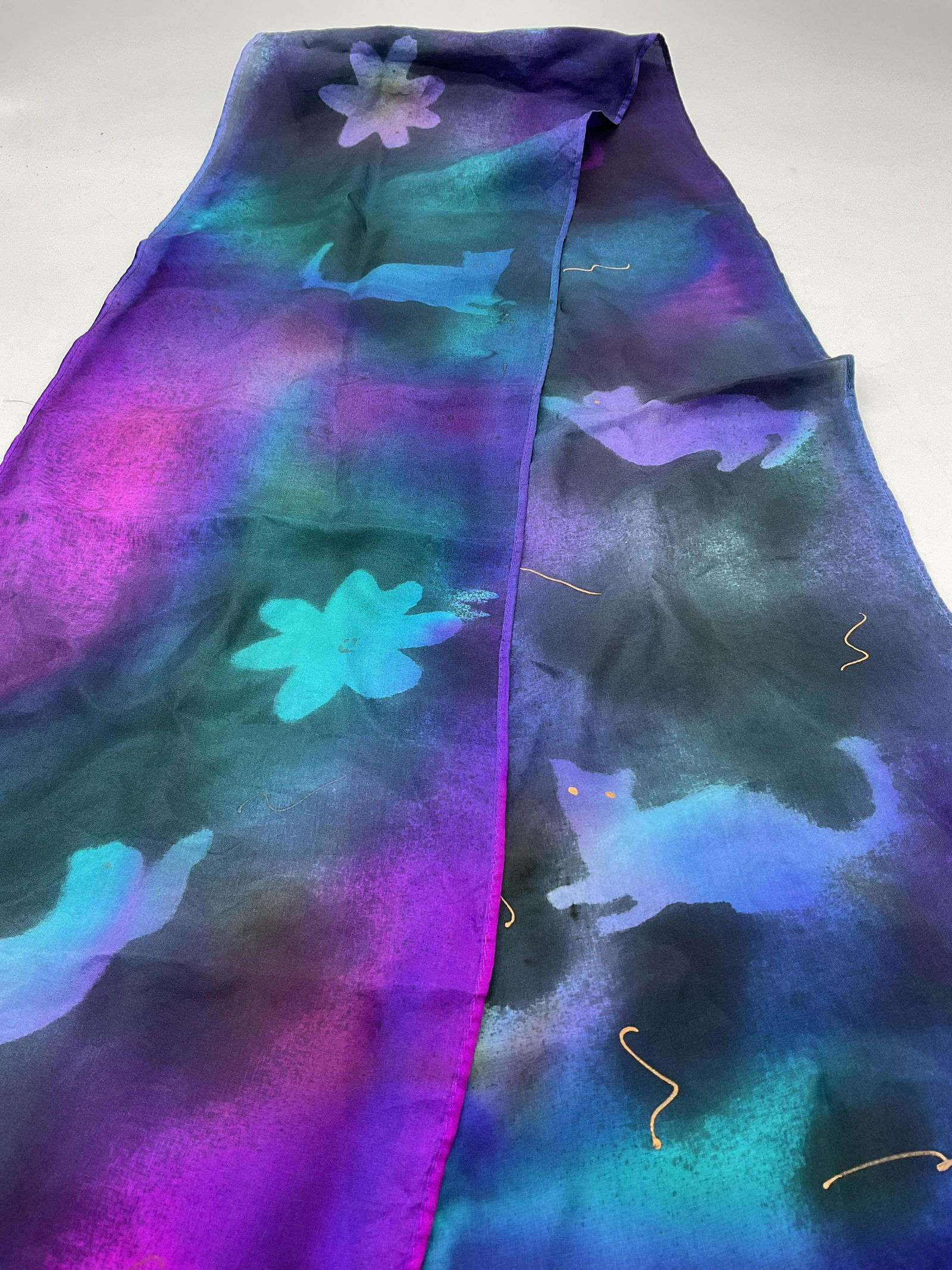 Silk Tie Dye Scarf W Cat Images (1 of 6)