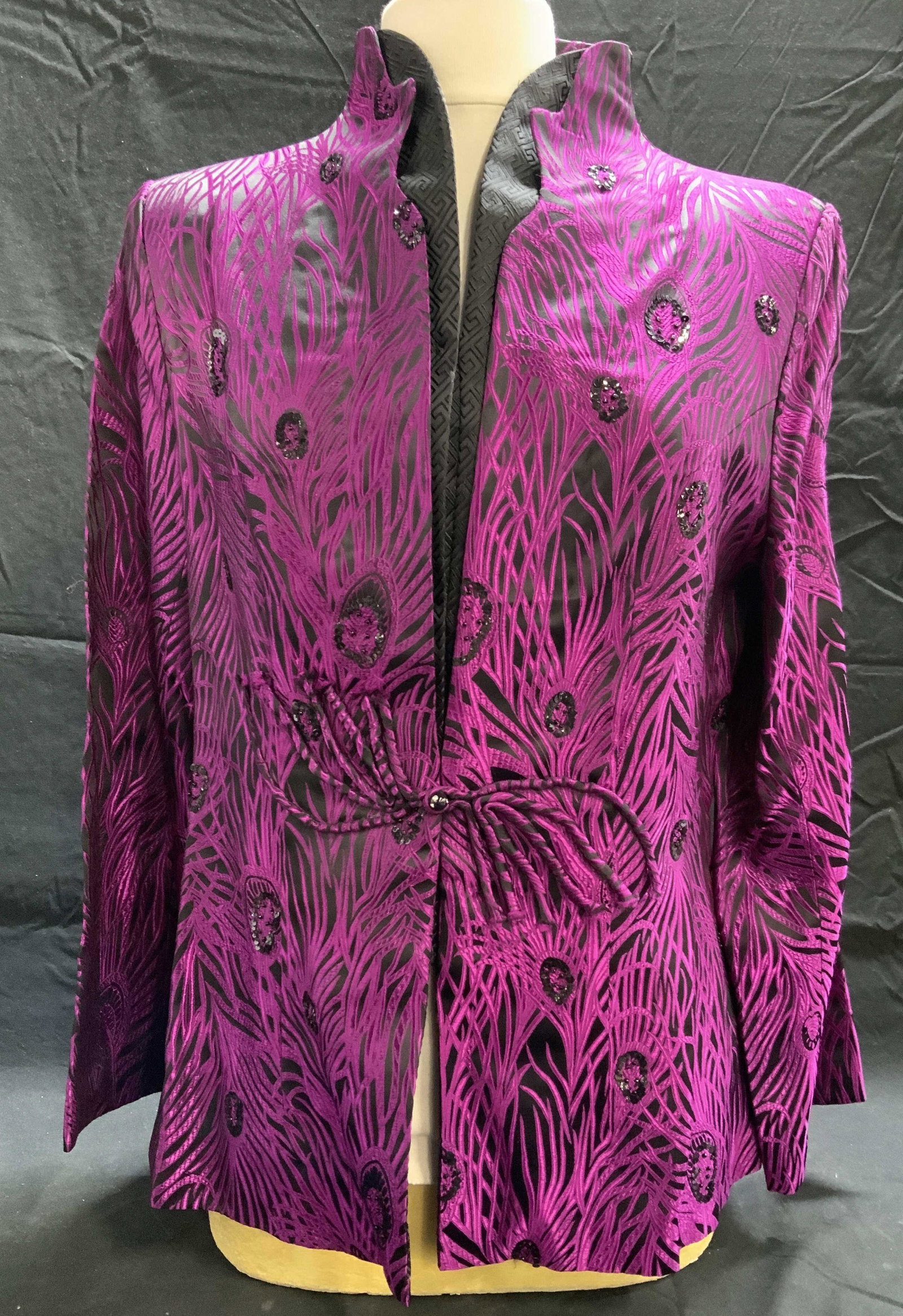 BO XI HWA FU Purple Jacquard Jacket: Bo Xi Hwa Fu purple and black jacquard jacket with sequin decoration. Size XXL. Cotton and polyester blend. Gently worn. Bo xi hwa fu, Bo xi hwa fu jacket, ladies designer jacket, ladies designer oute