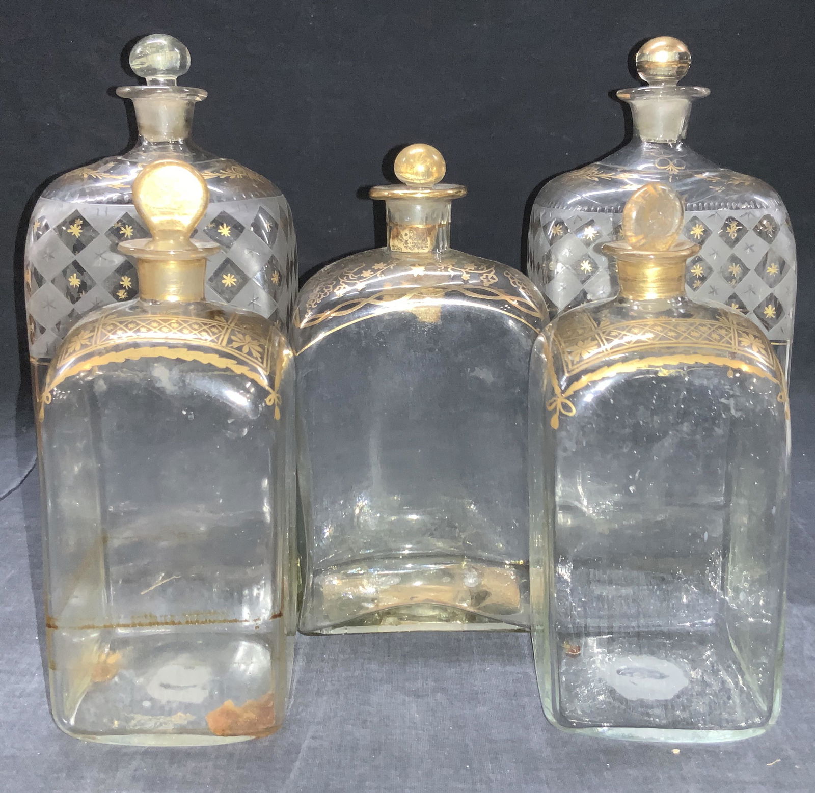5 Antique Gilt Hand Blown Glass Decanters (1 of 12)