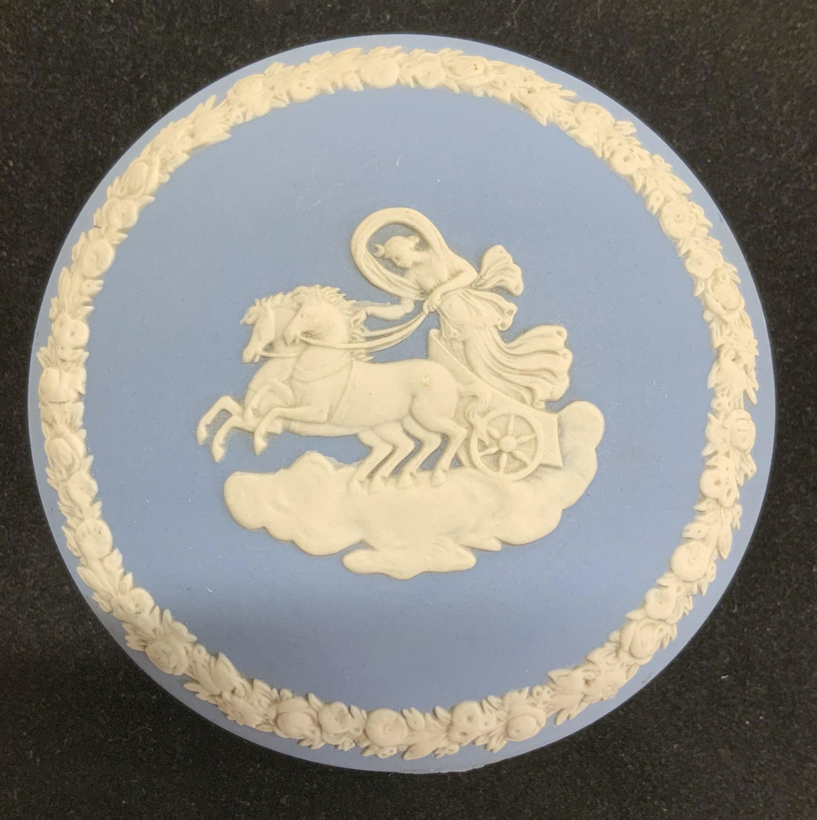 Blue Wedgwood Chariot Covered Trinket Box: blue Wedgwood trinket box, chariot motif with Roman Laurel border. Impressed Made in England Wedgwood on underside. Measures 4 in wide, 1.5 in ht. Blue Jasper ware, Wedgwood England Trinket Box, Blue