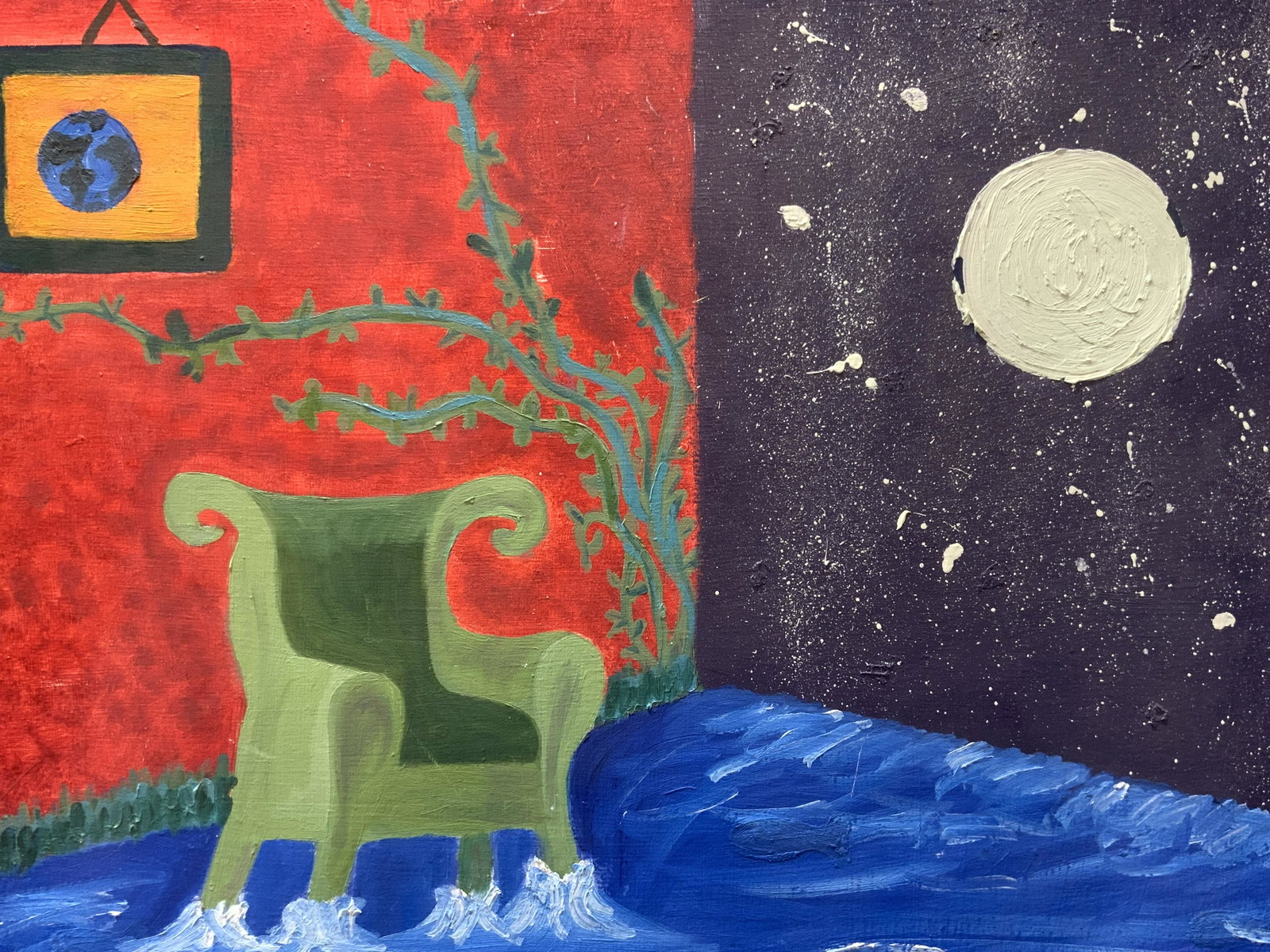 Surreal Perspective Acrylic Painting: Surreal Perspective Acrylic Painting On canvas, no apparent inscriptions, subject shows an armchair in the corner of a wall and the night sky with a full moon and other surreal elements, no frame, sur
