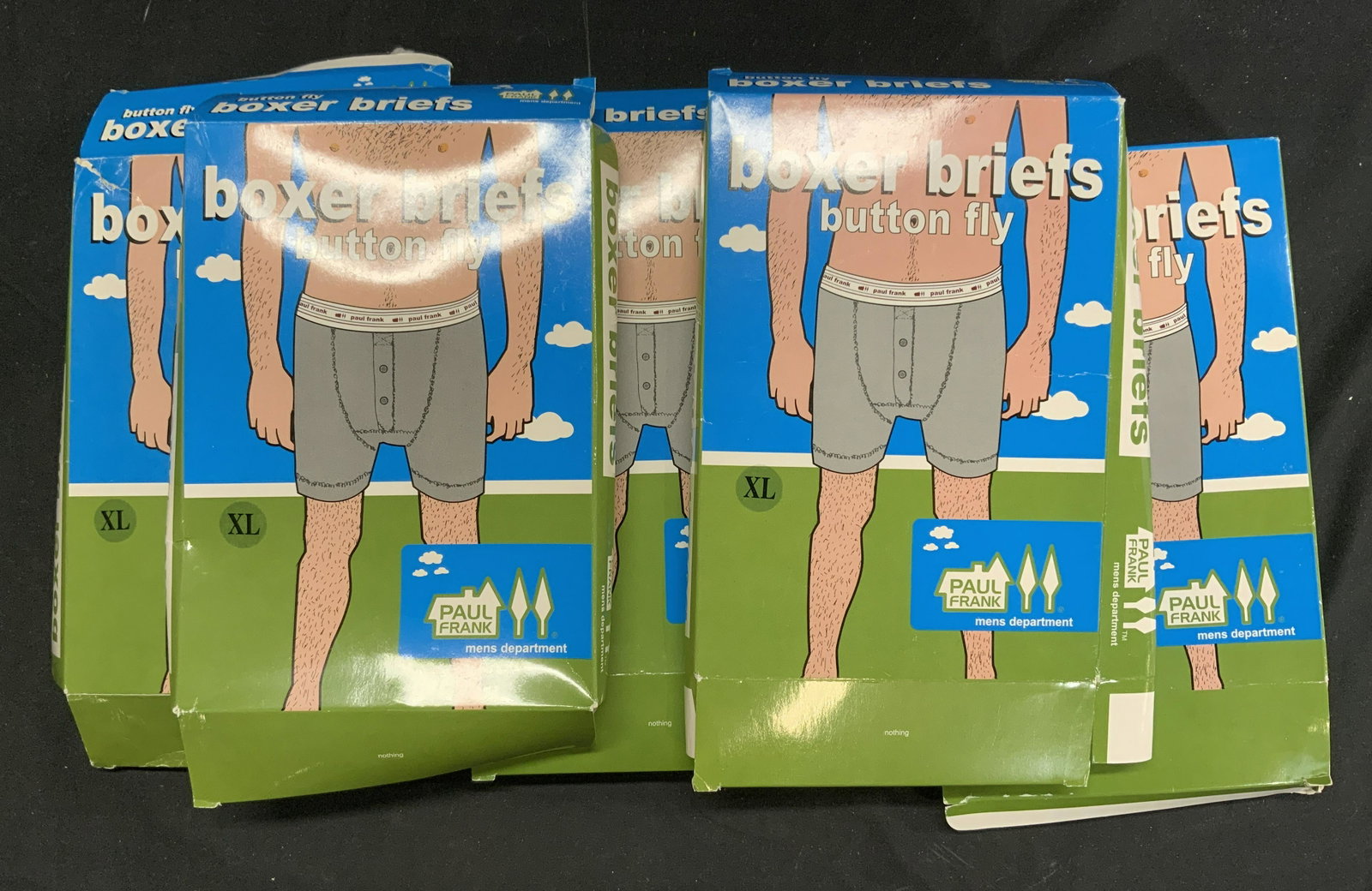Set4 PAUL FRANK Button Fly Boxer Briefs NIP XL: Group lot of 4 Boxer Briefs, Size Extra Larges in black and grey. Boxes read Boxer Briefs Button Fly, Paul Frank Mens Department. 100% Cotton. Boxes are slightly worn. Paul Frank is about returning to