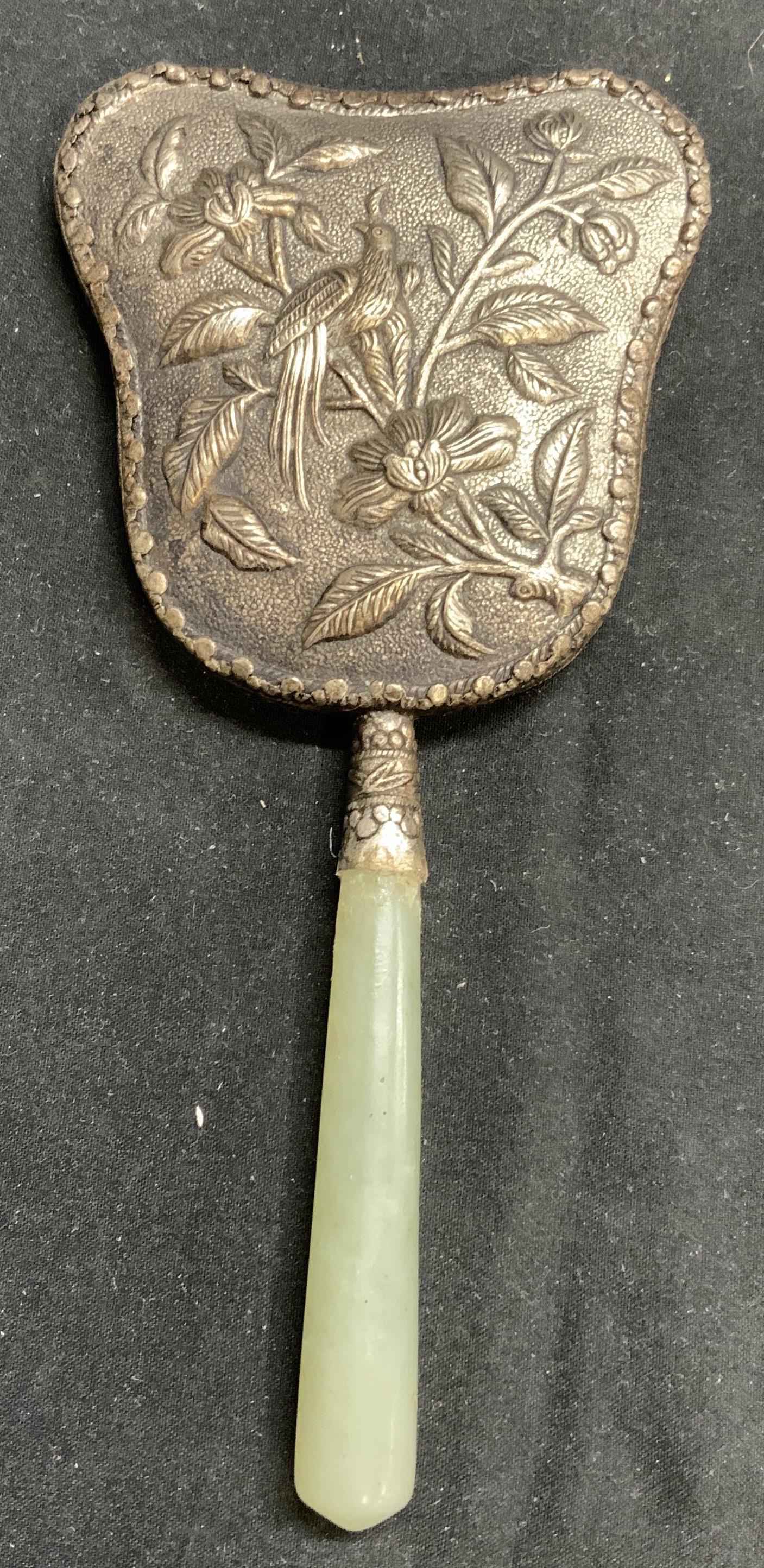 Vintage Silver Tone Jade Style Hand Mirror (1 of 6)
