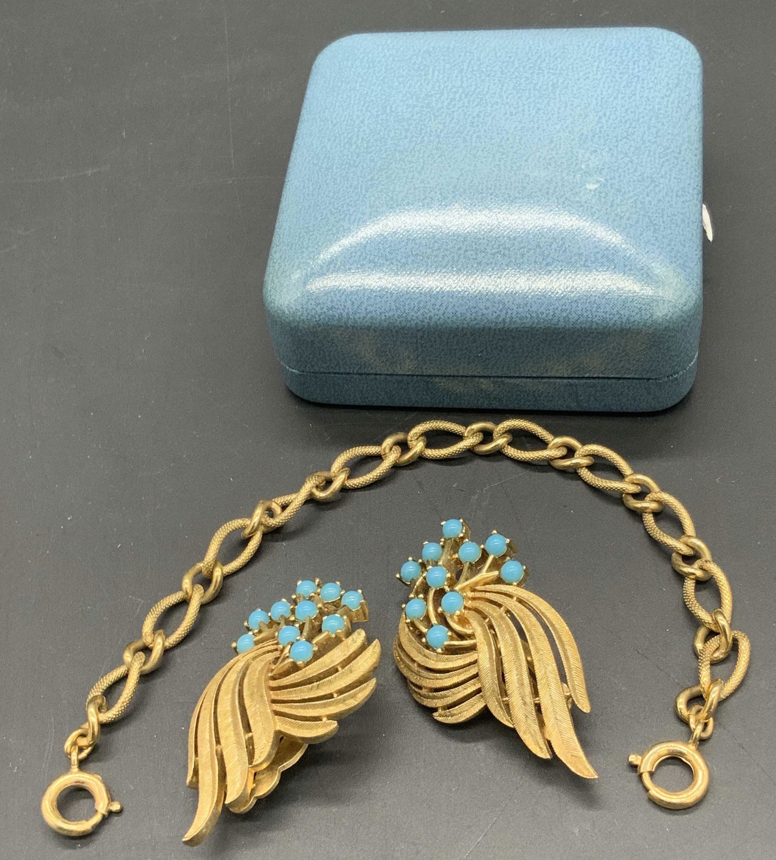 TRIFARI Vintage Turquoise Style Earrings &More, Bx: Contained in blue Saks Fifth Ave box, possibly original box. Earrings are gold tone metal abstract forms with polished costume turquoise cabochons to the obverse. Prong set costume cabochons. Clip on