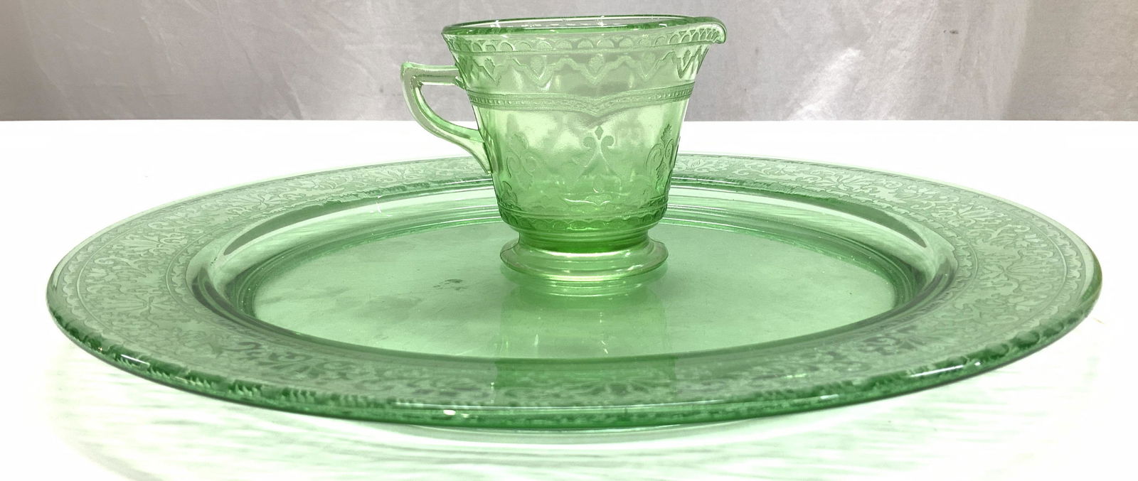 Green Depression Glass Serving Dish & Creamer (1 of 7)