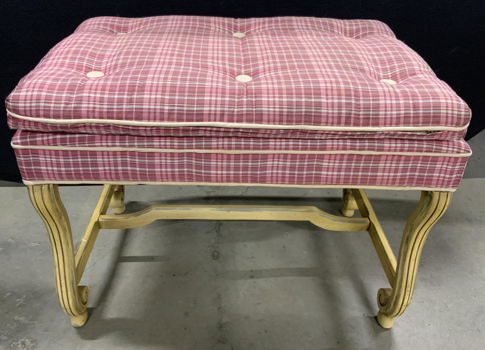 Vintage Tufted Upholstery Carved Wood Ottoman (1 of 14)