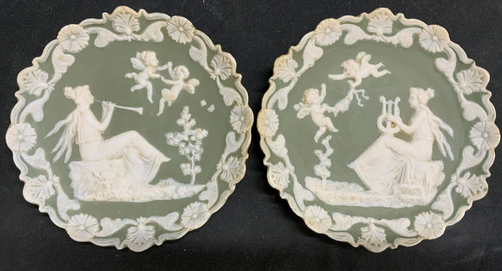 Pair SANDREA Green Wall Plaques w Figural Relief (1 of 8)