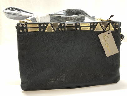 Foley +Corinna Black Leather Crossbody Bag, New: Multi use leather bag, wither as a crossbody bag, large Handbag/ Wristlet, and Clutch. And brass and silver toned metal detail- triangles, more. Signed Foley +Corinna. New never used. 2 interior secti