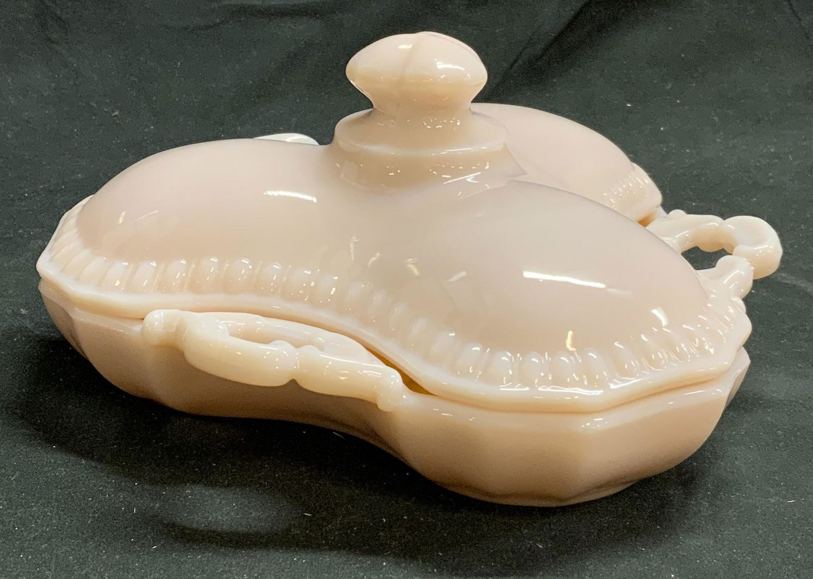 Pink Glass Tripartite Lidded Dish: Pink glass tripartite lidded dish. In good condition. Measures approx. 7.75 x 8 x 3.5 inches. Glass dish, divided dish, lidded dish, tripartite dish, table decor, table accessories, home decor, home a