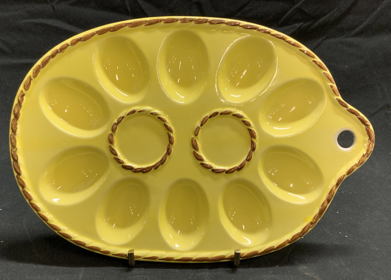 Vintage Yellow Ceramic Deviled Egg Dish: Vintage yellow ceramic deviled egg dish. Measures approx. 9.5 x 6.5 inches. Some surface wear consistent with exposure. Egg dish, deviled egg dish, serving dish, Serveware, tableware, tabletop e acces