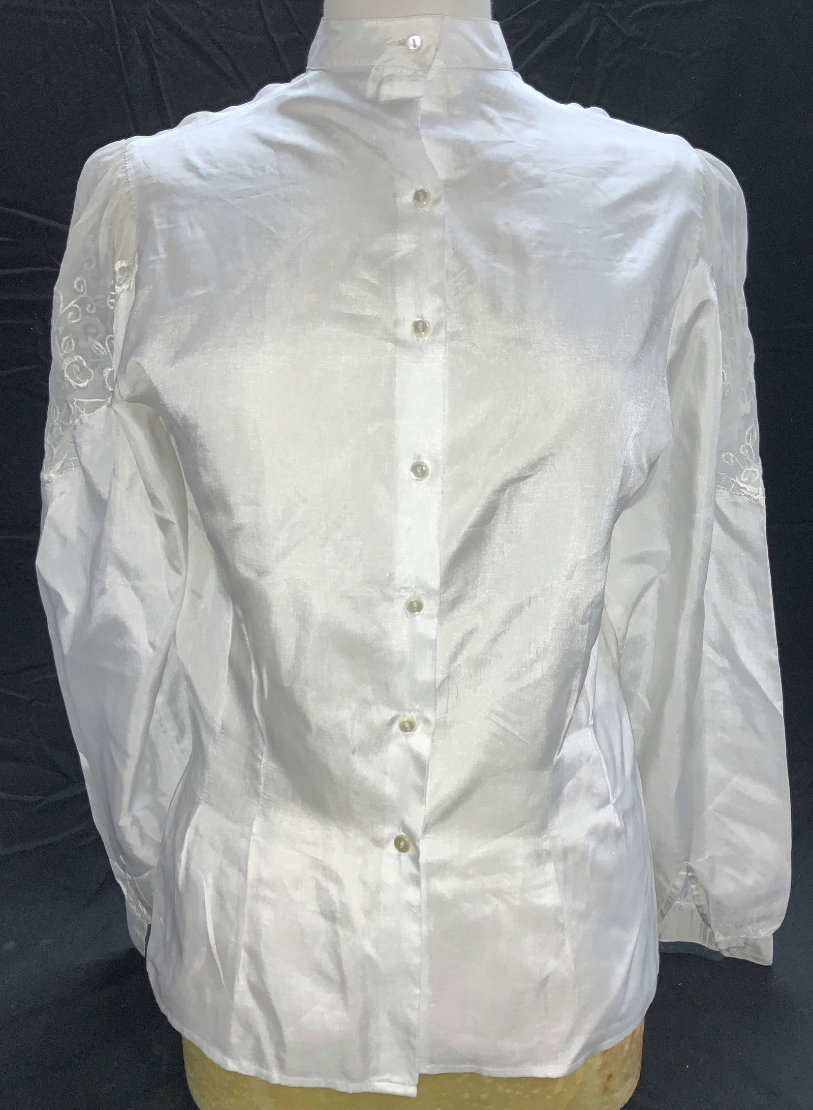 Shapely Long Sleeve Vtg Blouse: Vintage 1980s polyester long sleeve blouse, size Medium, pleated shoulder hems, slightly fitted waist, white with sheer embroidered fabric on back and upper sleeves. Blouse, Tops, Wearables, Vintage w