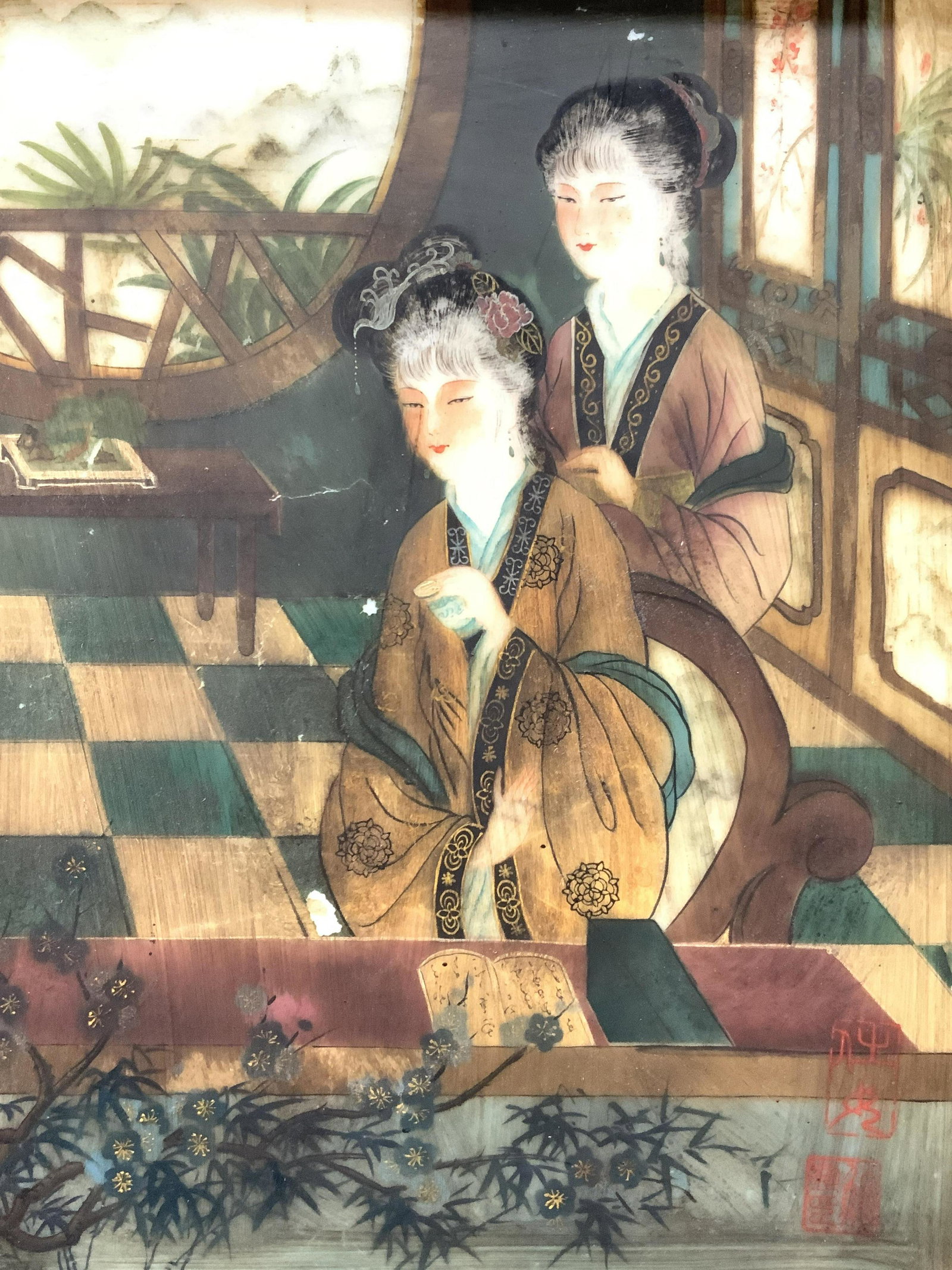 Signed Vintage Asian Figures Painted Tile (1 of 11)