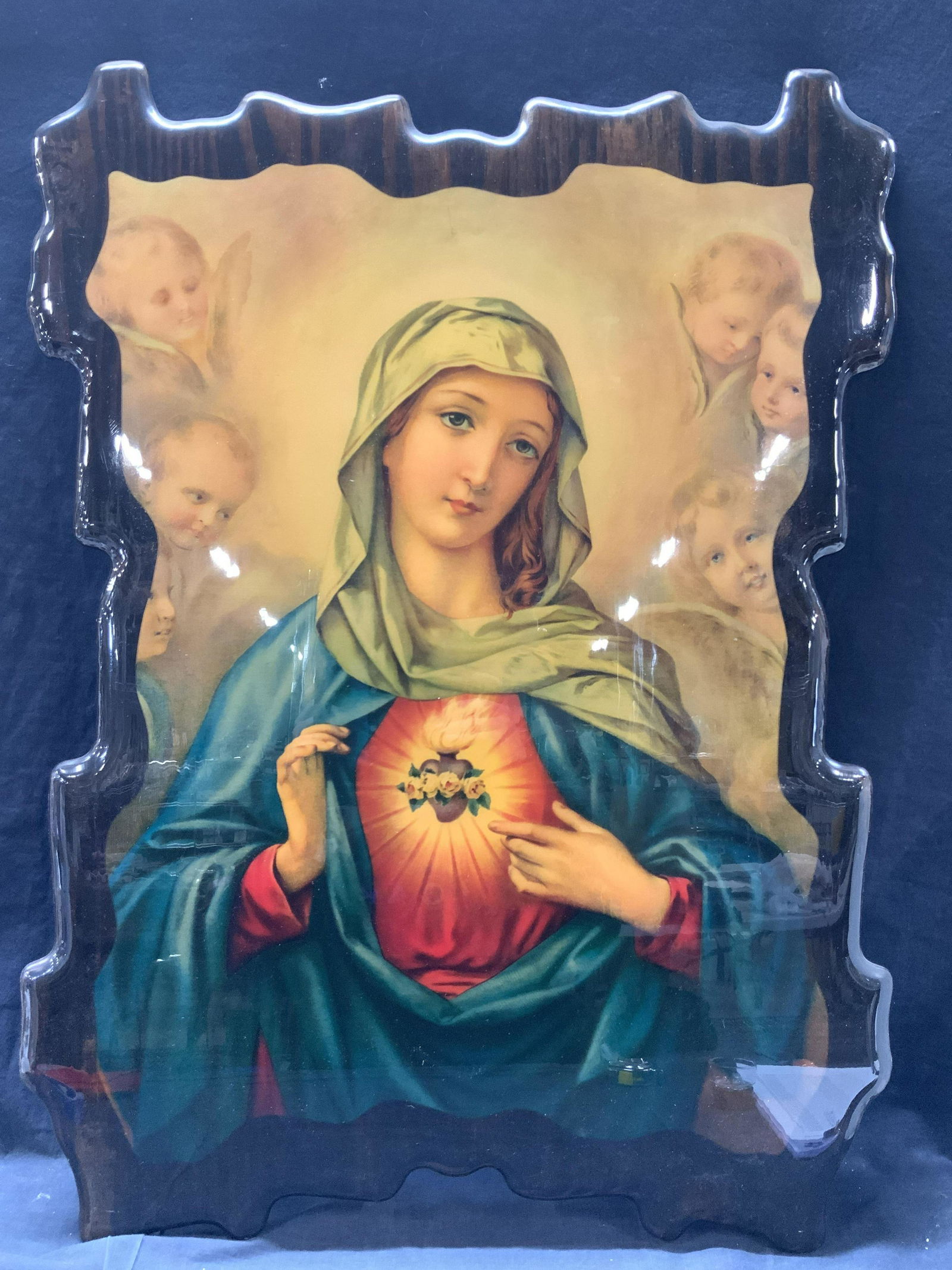 Vintage The Virgin Mary W Cherubs On Wood Panel (1 of 9)