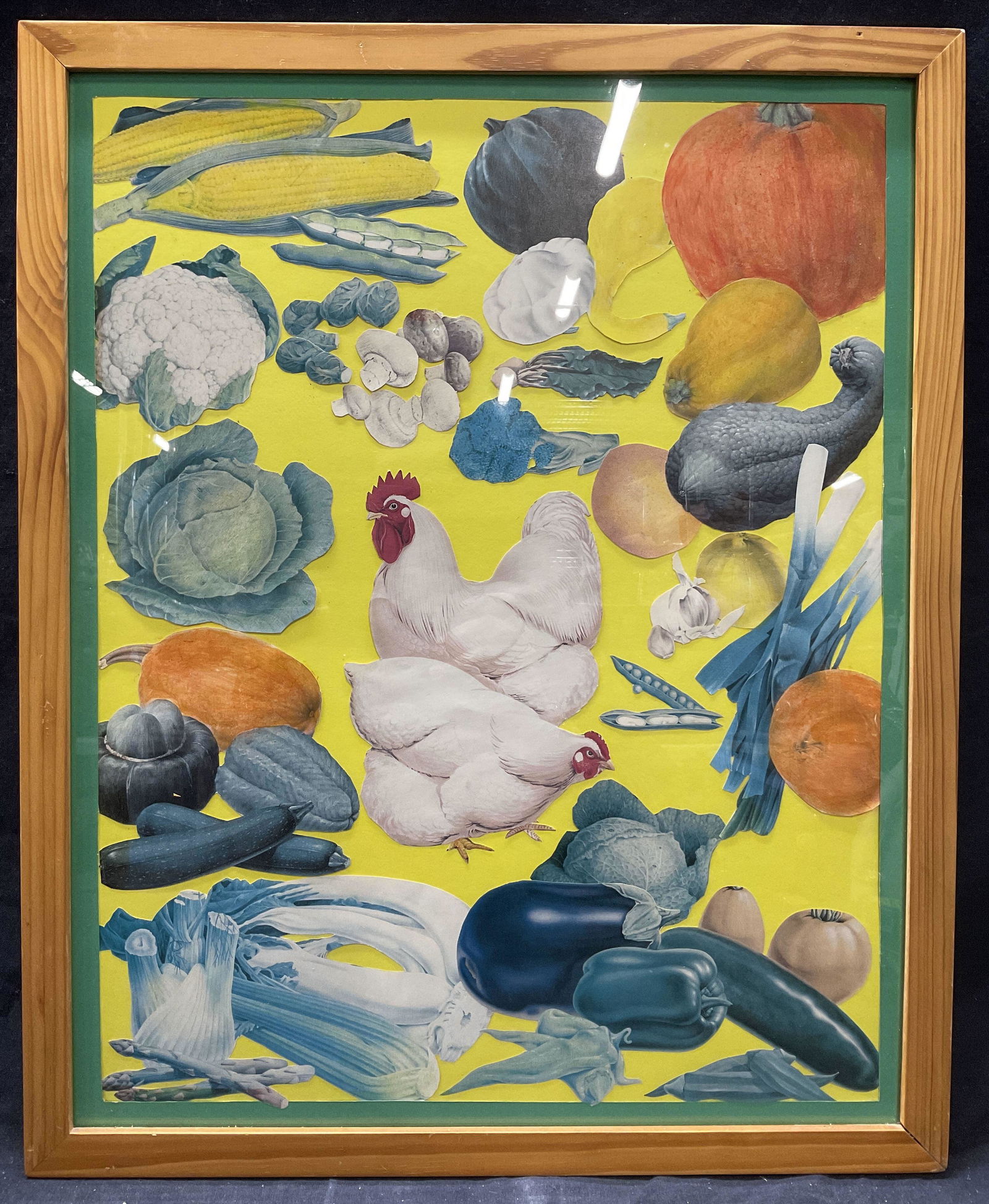 Framed Collage of Chickens & Vegetables: Framed Collage of Chickens & Vegetables. Wooden frame to piece, green and yellow background to piece. Some fading to piece. Whole Measures approx 17.25 x 21.25 inches. Minor wear to frame. Kitchen dec