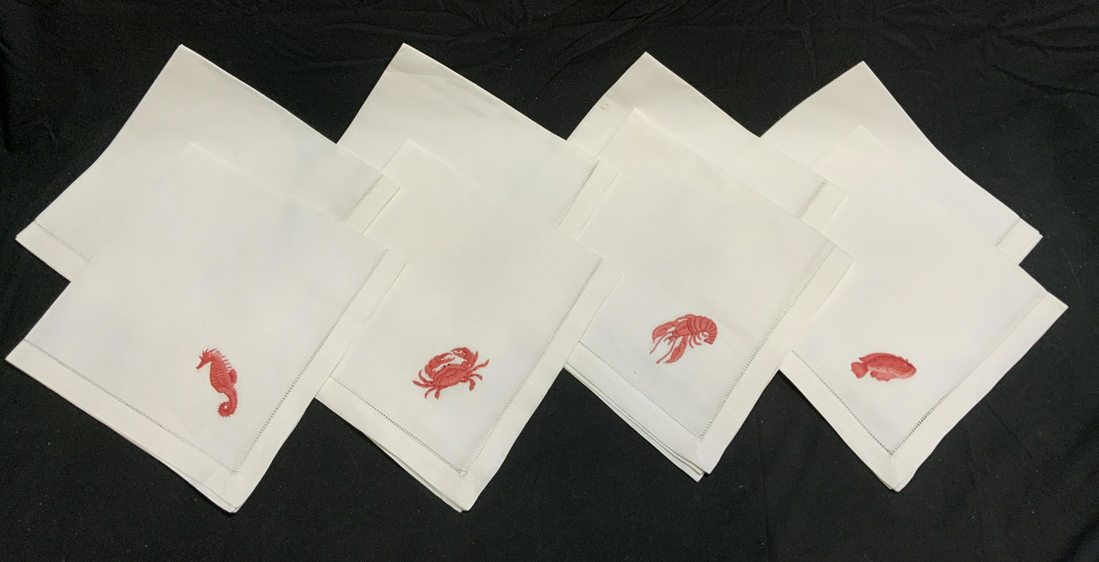 Set 8 WISTERIA Sea Embroidered Cocktail Napkins: Set of 8 Wisteria fish, seahorse, lobster, and crab embroidered cocktail napkins. Measure approx. 19.5 x 19.5 inches. Some blemishes to fabric. 100% cotton. Wisteria, wisteria cocktail napkins, white