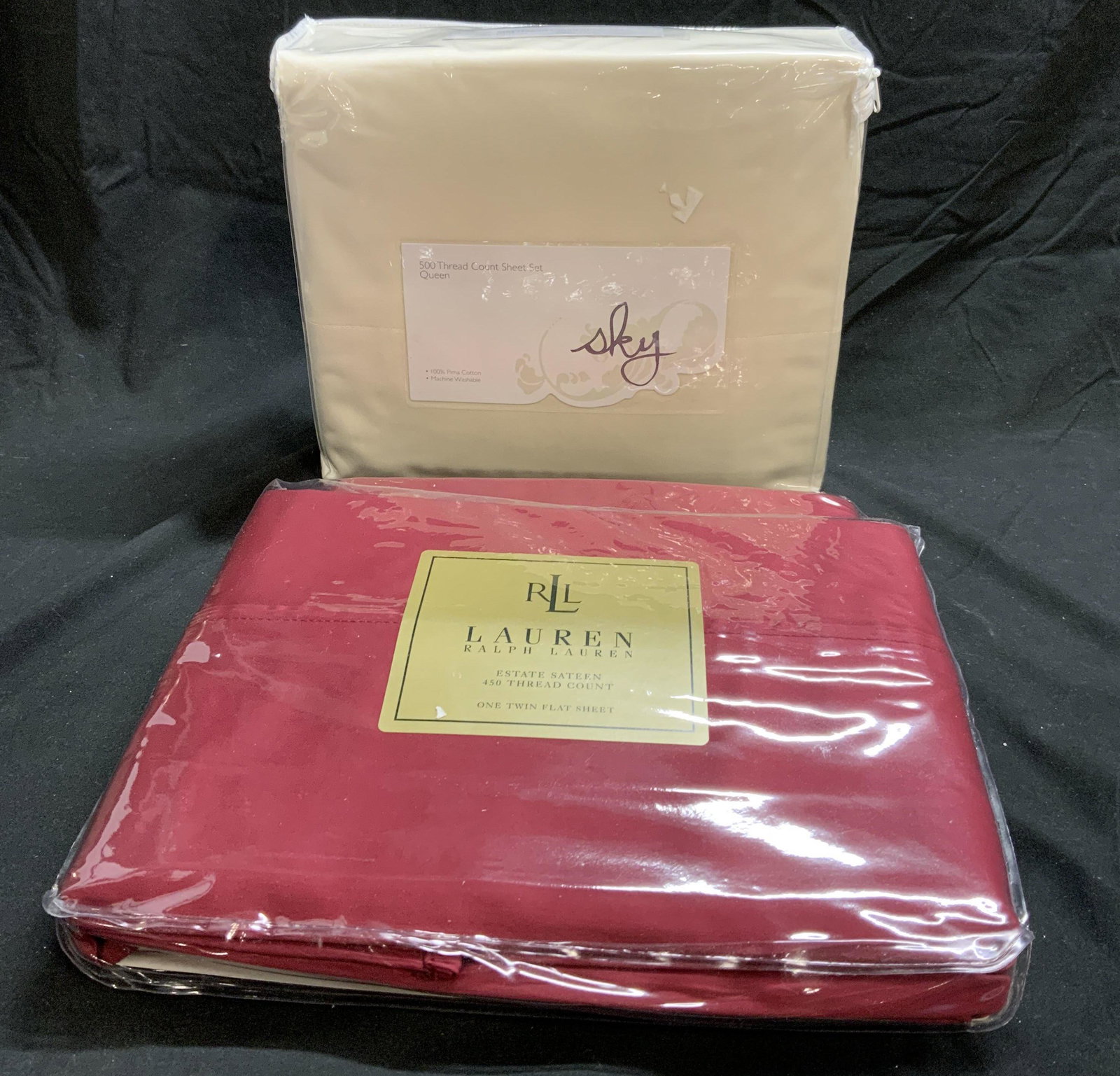 Lot 3 RALPH LAUREN & SKY Twin & Queen Sheets NIP: 2 Ralph Lauren red Twin size flat sheet. Measure 70 x 96 inches each. 1 Sky white Queen size sheet set, includes flat sheet (92 x 108 inches), fitted sheet (60 x 80 inches), and 2 standard pillowcases