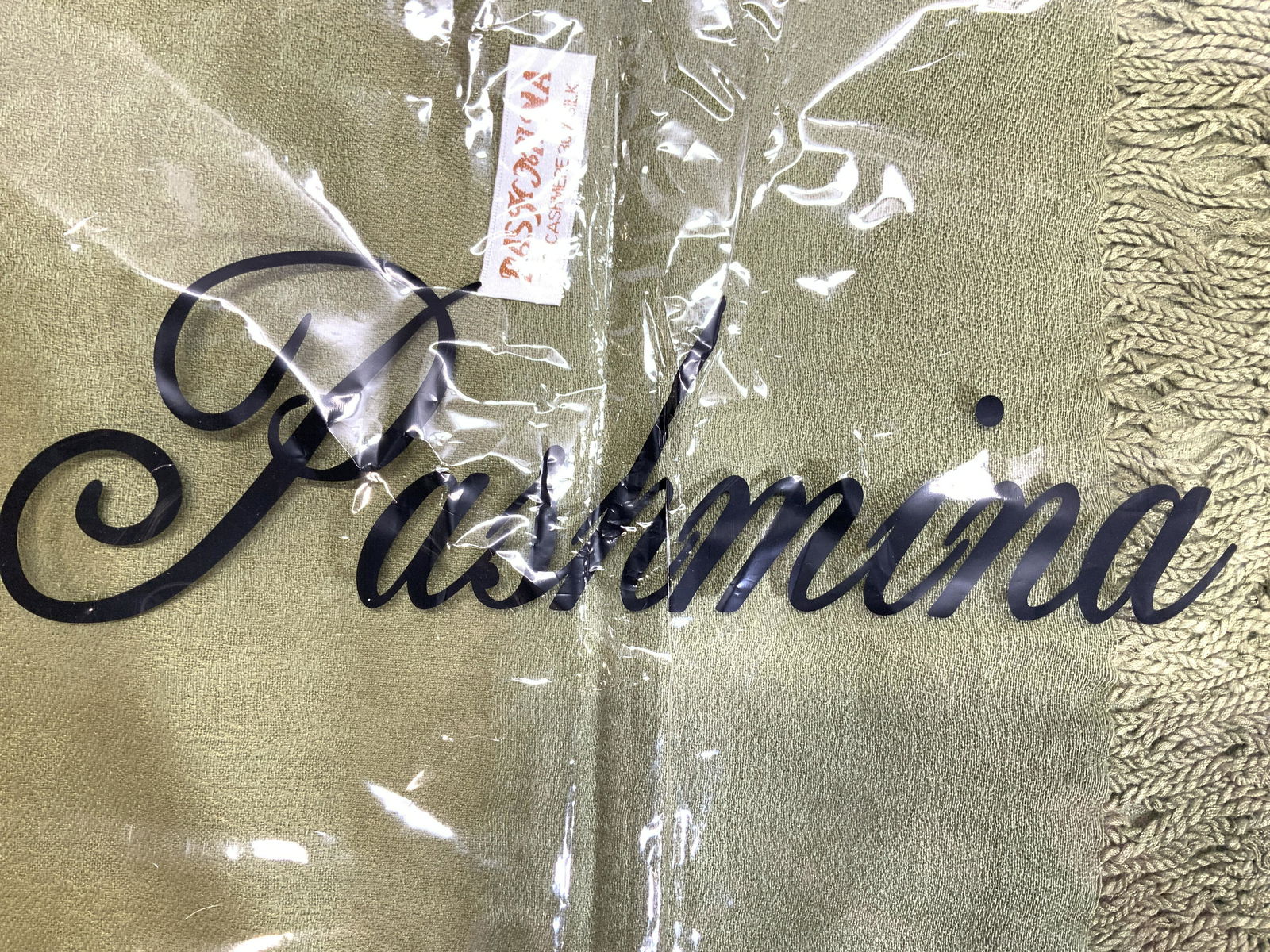 PASHMINA cashmere and Silk Shawl, NIP: Moss green pashmina, new in package, not inspected outside of plastic. 70% cashmere, 30% silk. 3 Ladies gifts, Pashmina Shawl, Pashmina Wrap, Cashmere and Silk Wrap, Scarf, New In Package, Ladies wear