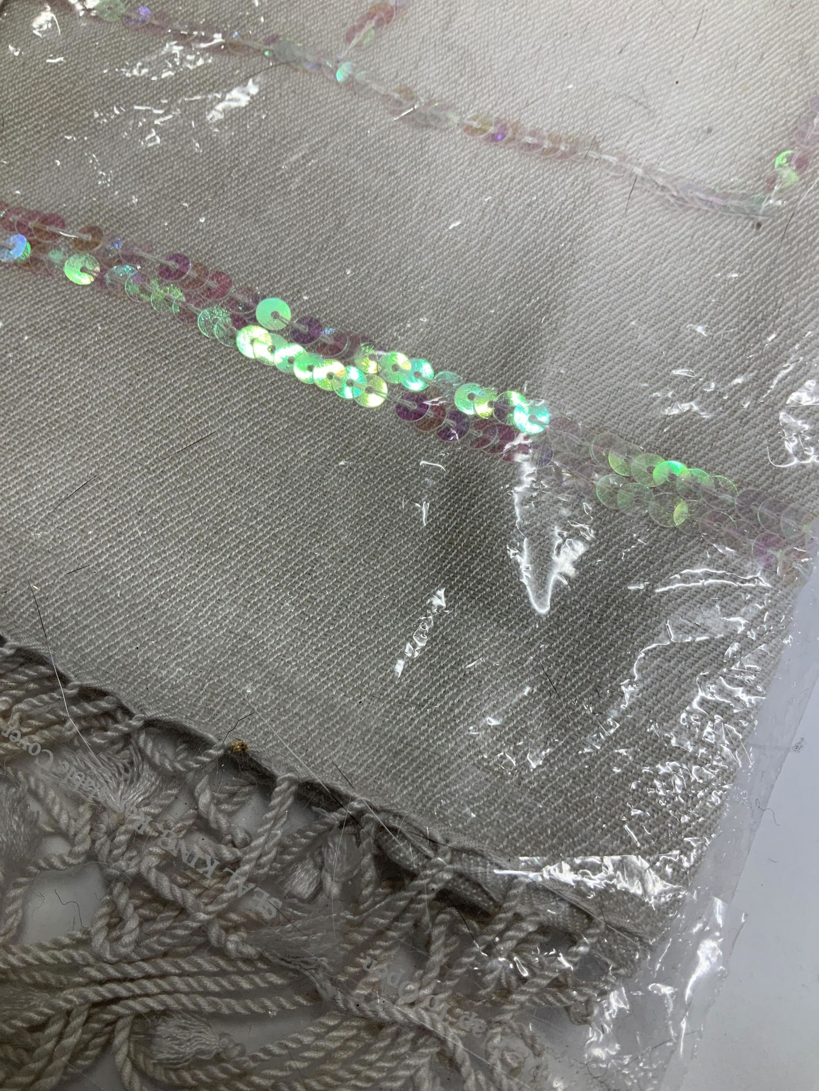 Cashmere Pashmina Shawl w Sequins, NIP: Cream/ Lt grey toned pashmina shawl, new in package, not inspected outside of plastic, 100% cashmere, rainbow tones sequins created a square pattern. Package reads Cashmere Pashmina Group Inc NY Italy